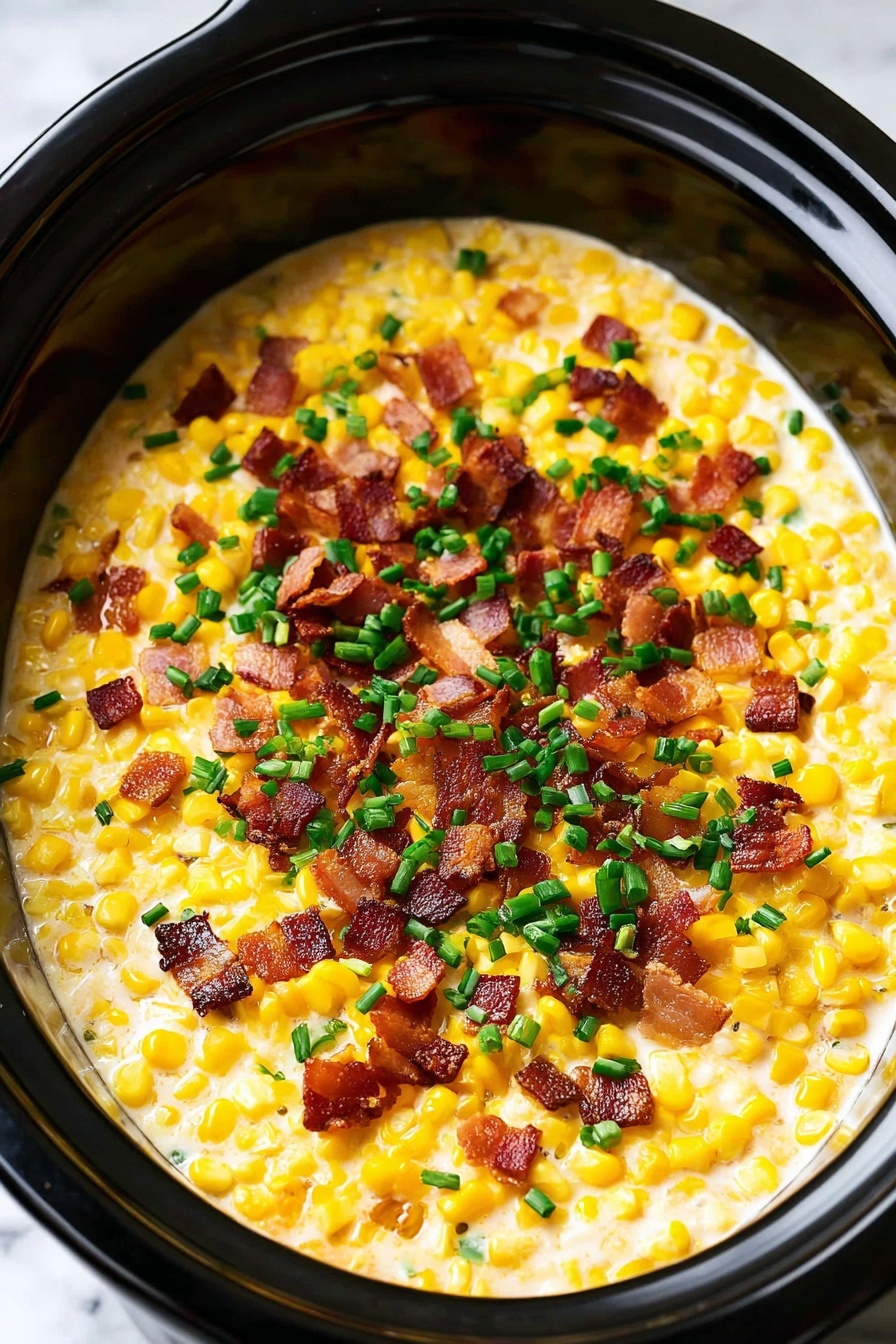 The dish shows a close-up view of creamy corn in a black slow cooker with a silver spoon scooping a portion. The corn kernels form the bright yellow base layer with a smooth creamy texture. On top, crispy small brown bacon pieces are scattered evenly, adding a crunchy look. Finally, finely chopped green onions are sprinkled over the bacon, creating a fresh green color contrast. The shiny black slow cooker edges hold the food, and the background is a white marbled surface. Photo taken with an iphone --ar 2:3 --v 7