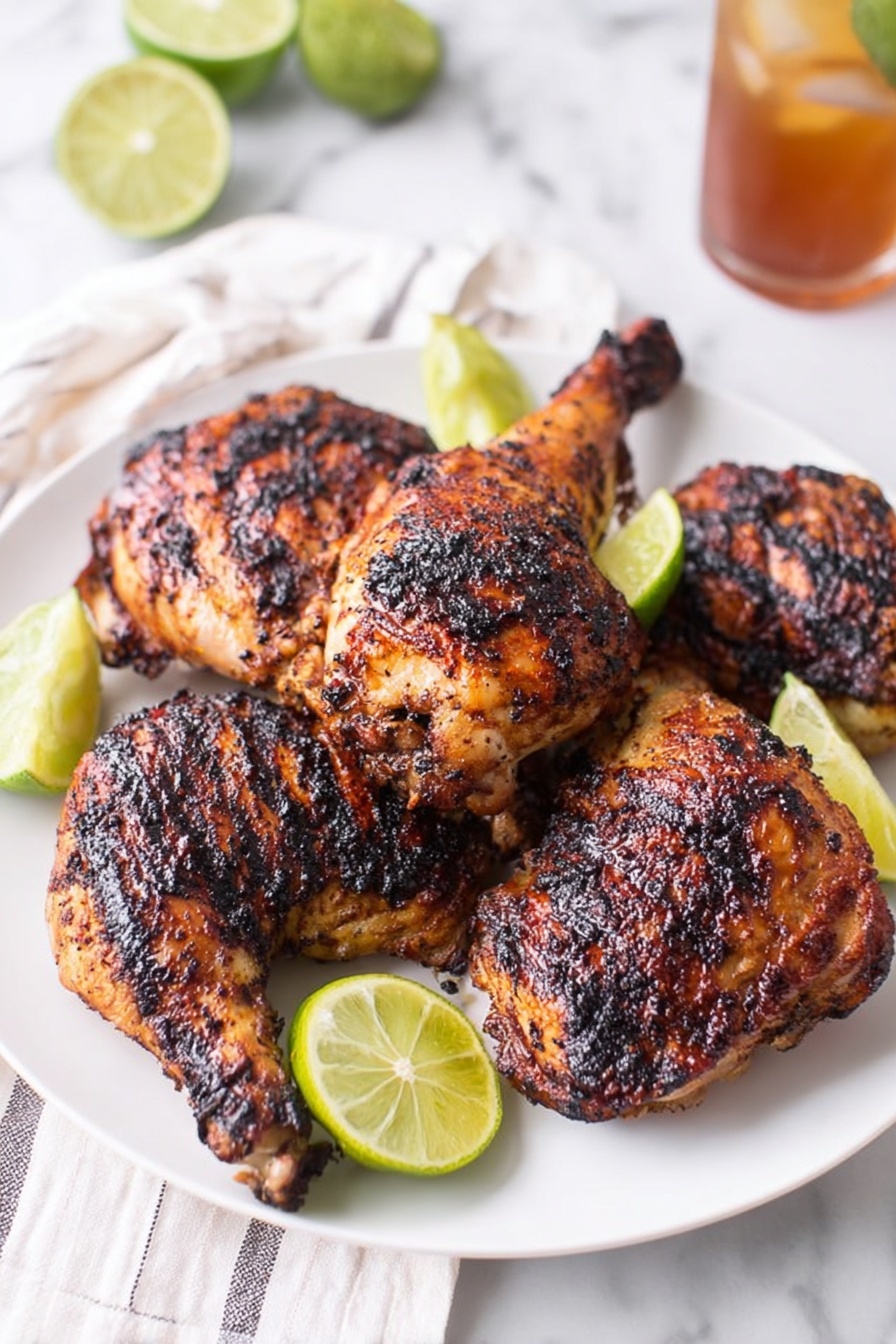 A white plate holds five pieces of grilled chicken with dark, charred spots all over their golden-brown skin, giving a textured and smoky look. The chicken pieces include two thighs at the front, two thighs behind them, and one drumstick leaning against the front left thigh. Around and on the chicken are bright green lime wedges and halves, adding fresh color contrast. The scene is set on a white marbled surface with a soft white cloth with thin dark stripes to the left and blurred lime slices and a glass of iced tea in the background. photo taken with an iphone --ar 2:3 --v 7