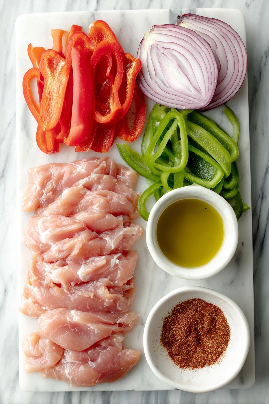 Flat lay of two large raw chicken breasts cut into thin strips, half a large red bell pepper sliced into strips, half a large green bell pepper sliced into strips, one large red onion cut into thin strips, a small white ceramic bowl filled with golden olive oil, and a small white ceramic bowl containing vibrant reddish-brown fajita seasoning powder, all arranged with perfect symmetry on a clean white marble surface, soft natural light, photo taken with an iPhone, professional food photography style, fresh ingredients, white ceramic bowls, no bottles, no duplicates, no utensils, no packaging --ar 2:3 --v 7 --p awthu7i m7354615311229779997