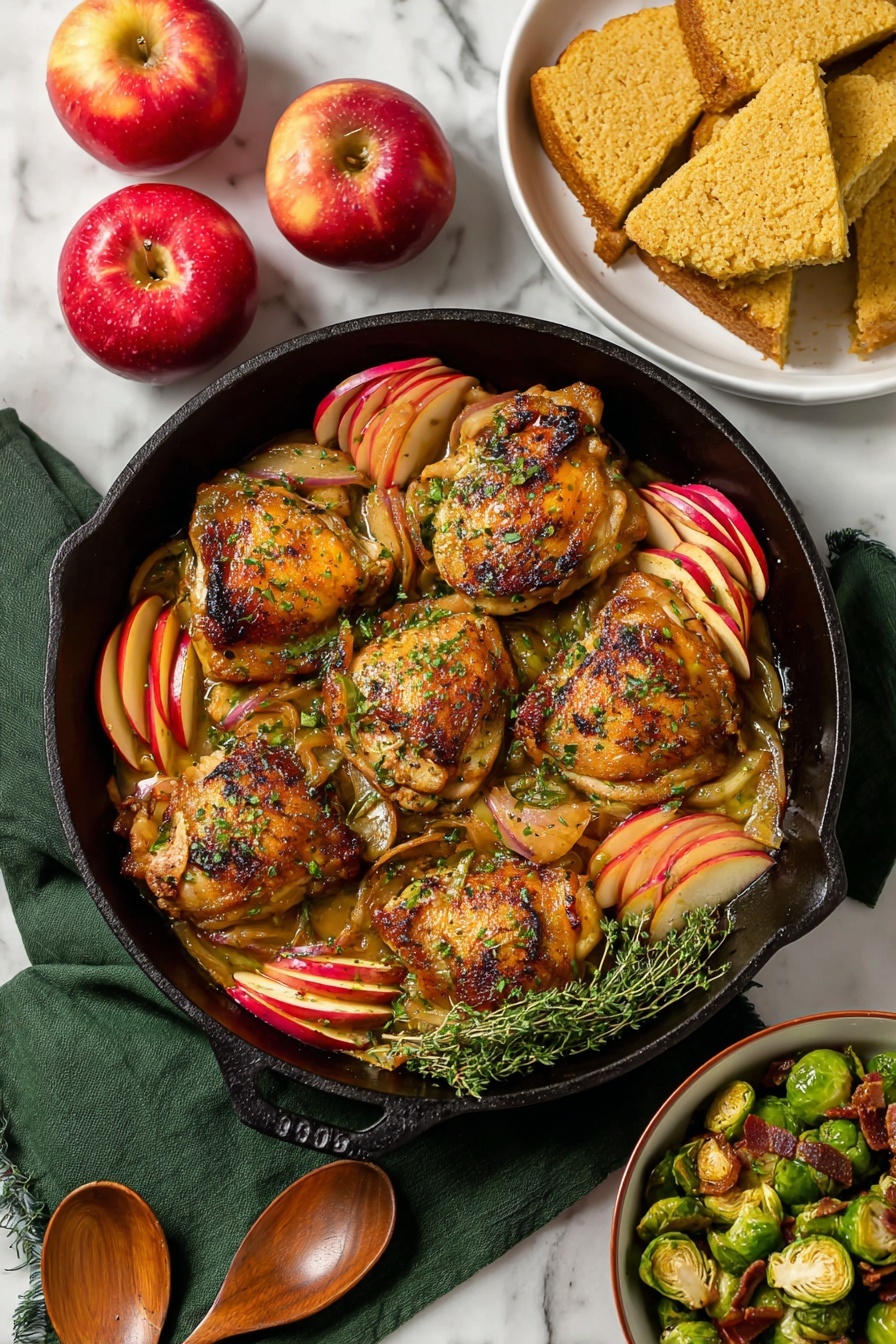 A black cast iron skillet filled with six browned pieces of cooked chicken skin-side up, nestled among thin red apple slices and thin rings of cooked red onions, all coated in a glossy brown sauce with fresh chopped herbs sprinkled on top; a small bunch of fresh green herbs rests on the left side inside the skillet. Around the skillet, a white plate holds two triangular pieces of golden cornbread, a whole red apple sits partly visible in the upper right, and a bowl with roasted green Brussels sprouts sprinkled with small bacon bits appears at the top right corner; the skillet sits on a dark green cloth atop a white marbled surface photo taken with an iphone --ar 2:3 --v 7