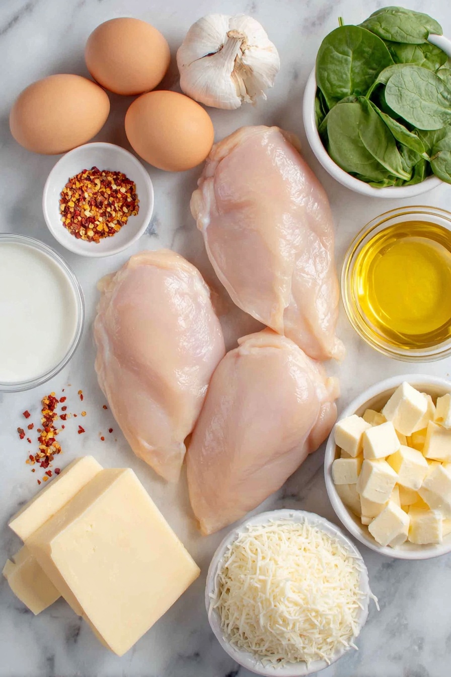Flat lay of fresh raw boneless skinless chicken breasts, whole uncracked brown eggs beside coarse salt and a small mound of freshly ground black pepper, a small white ceramic bowl of golden olive oil, a small white bowl with creamy pale yellow butter cubes, three whole garlic cloves, a few loosely packed fresh green spinach leaves, a small white bowl filled with quartered fresh artichoke hearts, a small white ceramic bowl of cold white milk, a small white bowl containing small cubes of creamy Neufchatel cheese, a small white bowl with finely shredded pale ivory parmesan cheese, a small white bowl of smooth white sour cream, and a scattering of vibrant red pepper flakes placed artfully, all arranged in perfect symmetry on a clean white marble surface, soft natural light, photo taken with an iPhone, professional food photography style, fresh ingredients, white ceramic bowls, no bottles, no duplicates, no utensils, no packaging --ar 2:3 --v 7 --p m7354615311229779997