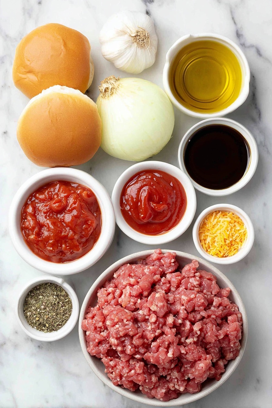 Flat lay of a small white bowl of golden olive oil, a small white bowl of bright red tomato sauce, a small white bowl of rich red ketchup, a whole fresh yellow onion roughly chopped, a whole red bell pepper chopped into pieces, two whole garlic cloves unpeeled, a small white bowl of deep red chili powder, a small white bowl of vibrant reddish-orange sweet paprika, a small white bowl of fine yellow ground mustard, a pile of fresh lean ground beef, a few whole black peppercorns scattered, a small white bowl of dark brown Worcestershire sauce, a small white bowl of natural hickory smoke flavor, and four soft golden-brown hamburger buns arranged neatly, placed on a clean white marble surface, soft natural light, photo taken with an iPhone, professional food photography style, fresh ingredients, white ceramic bowls, no bottles, no duplicates, no utensils, no packaging --ar 2:3 --v 7 --p m7354615311229779997