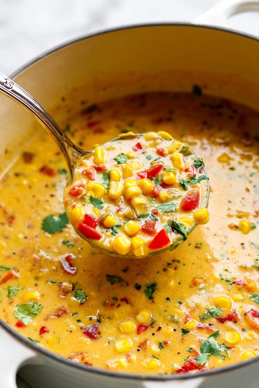 The image shows a close-up of a thick creamy soup with a yellow base, filled with bright yellow corn kernels and red tomato pieces, topped with small green cilantro leaves scattered throughout. The soup is in a white pot with a silver ladle lifting a portion that highlights the mix of ingredients and creamy texture. The background is a white marbled surface, enhancing the colorful and warm look of the soup. photo taken with an iphone --ar 2:3 --v 7