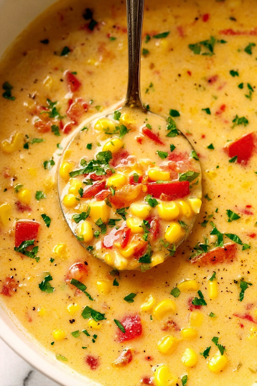 A close-up of a creamy yellow soup filled with small bright yellow corn kernels and chunks of red tomato scattered throughout. The soup also has green chopped herbs sprinkled on top, adding a fresh touch. A silver spoon is dipped into the soup, holding a scoop that shows the thick texture with the same colorful ingredients visible. The background is a white marbled texture. photo taken with an iphone --ar 2:3 --v 7