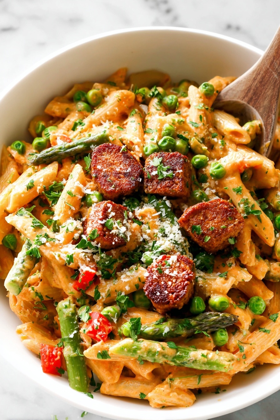 A white bowl filled with creamy orange pasta that has green peas and green asparagus mixed in. On top, there are several browned, crispy pieces of small round meat scattered around with thin red pepper strips. The dish is sprinkled with green herbs and white grated cheese. On the right side inside the bowl, there is a wedge of lime next to the pasta. A golden spoon is placed inside the bowl leaning on the right edge. The bowl sits on a white marbled surface with part of a beige cloth with red stripes showing at the bottom right corner. photo taken with an iphone --ar 2:3 --v 7