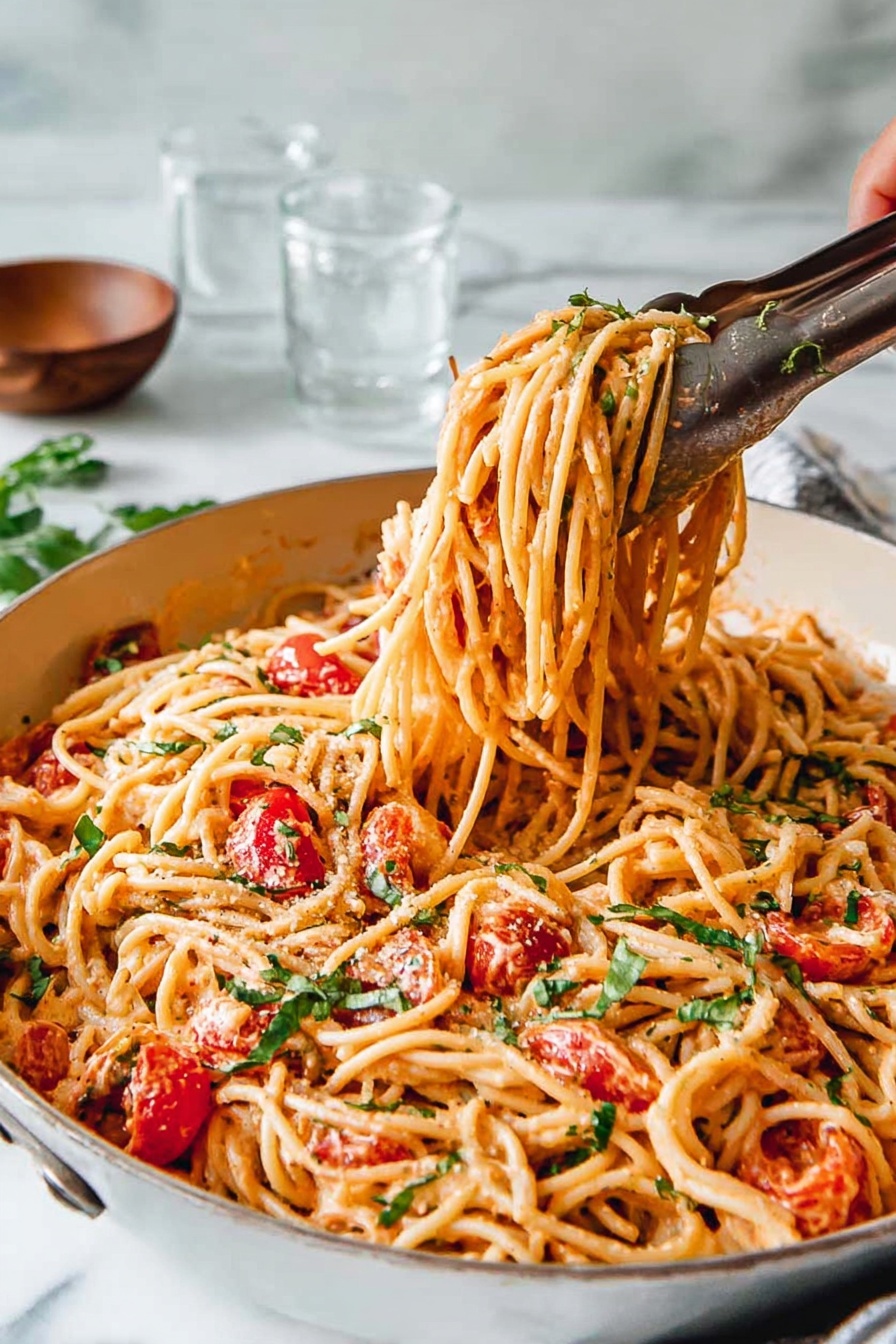 The image shows a white pan full of cooked spaghetti with a creamy orange sauce, mixed with chunks of red tomatoes and small green herb leaves sprinkled on top. A woman's hand holds tongs lifting a large bundle of the spaghetti from the pan, showing the texture of the noodles twisted together and coated in the sauce. The background has a white marbled surface with two clear water glasses and a small wooden bowl. The scene is bright and fresh, with the focus on the pasta layers and the mix of colors from the sauce, tomatoes, and herbs. photo taken with an iphone --ar 2:3 --v 7