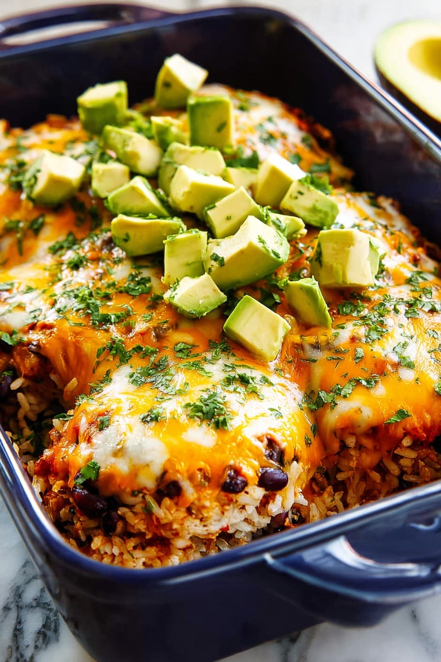 A deep blue baking dish holds four pieces of cooked chicken covered with melted orange and white cheese, topped with small green avocado cubes and sprinkled with chopped green herbs. Below the chicken, there is a mix of rice, black beans, corn, and diced vegetables in an orange sauce. A silver spoon with a yellow handle is placed inside the dish. Halved avocados sit on a white marbled surface next to the dish. photo taken with an iphone --ar 2:3 --v 7