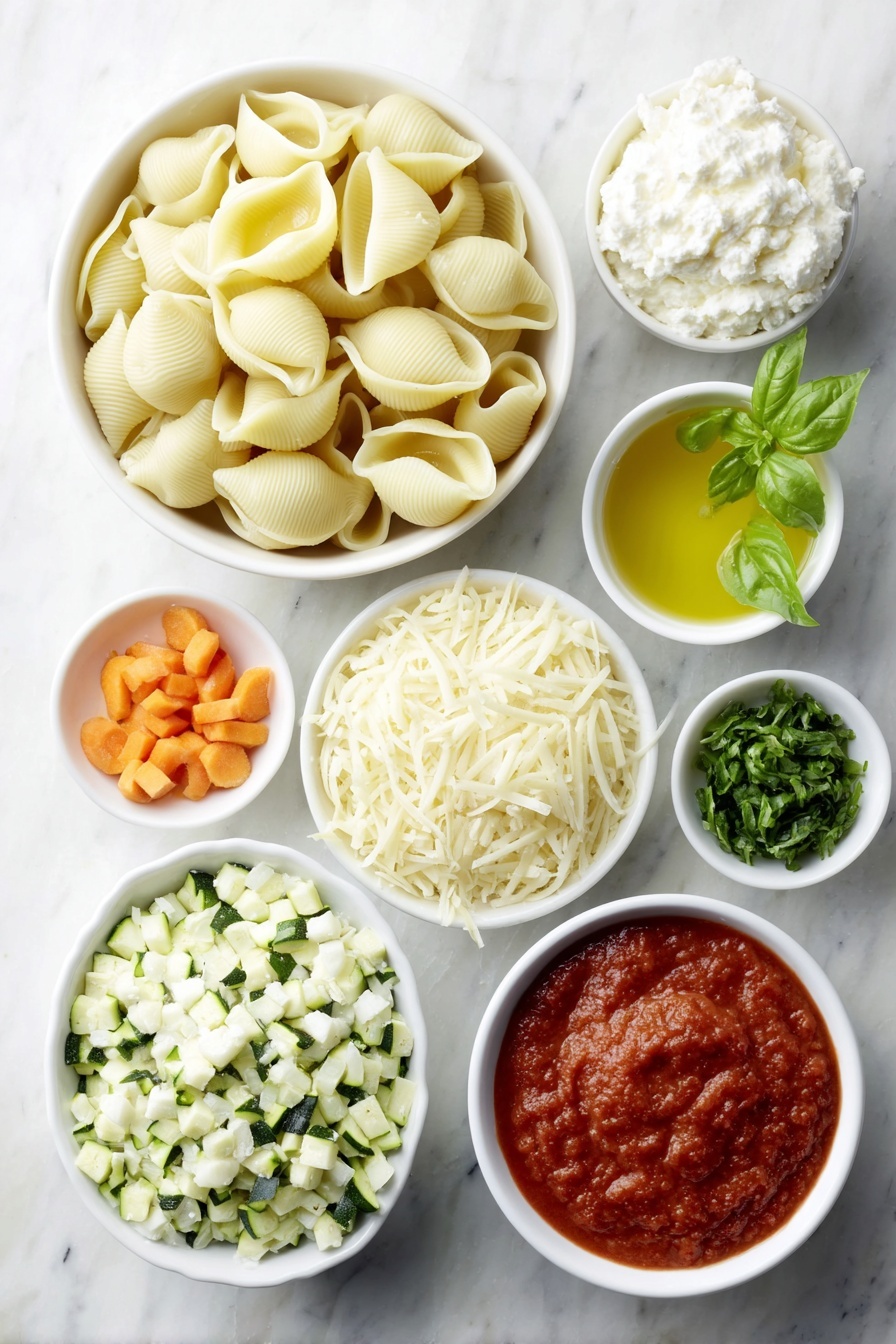 Flat lay of fresh jumbo pasta shells arranged neatly, a small mound of chopped white onion, two peeled garlic cloves, three bright orange grated carrots, one medium green zucchini grated, a small white bowl of thawed bright green chopped spinach, a dollop of creamy white ricotta cheese, a small pile of shredded mozzarella cheese, a small pile of grated Parmesan cheese, a few fresh basil sprigs, a small white bowl of golden olive oil, a small white bowl of rich red marinara pasta sauce, all ingredients placed with perfect symmetry on simple white ceramic bowls and plates, placed on a clean white marble surface, soft natural light, photo taken with an iPhone, professional food photography style, fresh ingredients, white ceramic bowls, no bottles, no duplicates, no utensils, no packaging --ar 2:3 --v 7 --p m7354615311229779997