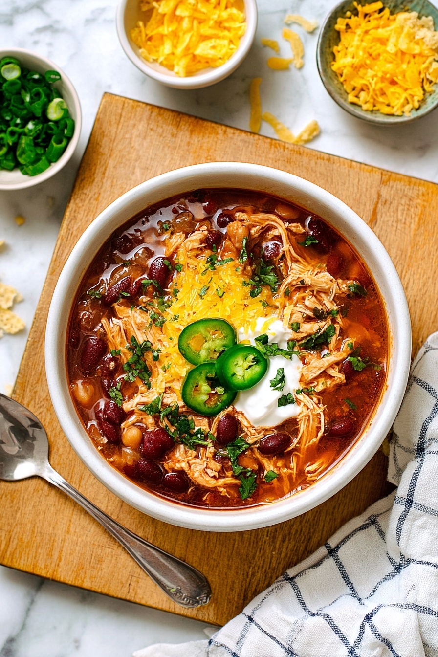 A close-up of a metal ladle holding a thick, chunky soup with several layers: shredded light brown chicken strips in the top layer, mixed with kidney beans in dark red, pinto beans in light brown, and white beans all surrounded by a rich, reddish-brown broth with visible bits of diced onions. The ladle is raised above a black slow cooker filled with the same soup, the background showing the smooth, glossy liquid surface with some floating ingredients. The overall scene is set on a white marbled surface. Photo taken with an iphone --ar 2:3 --v 7