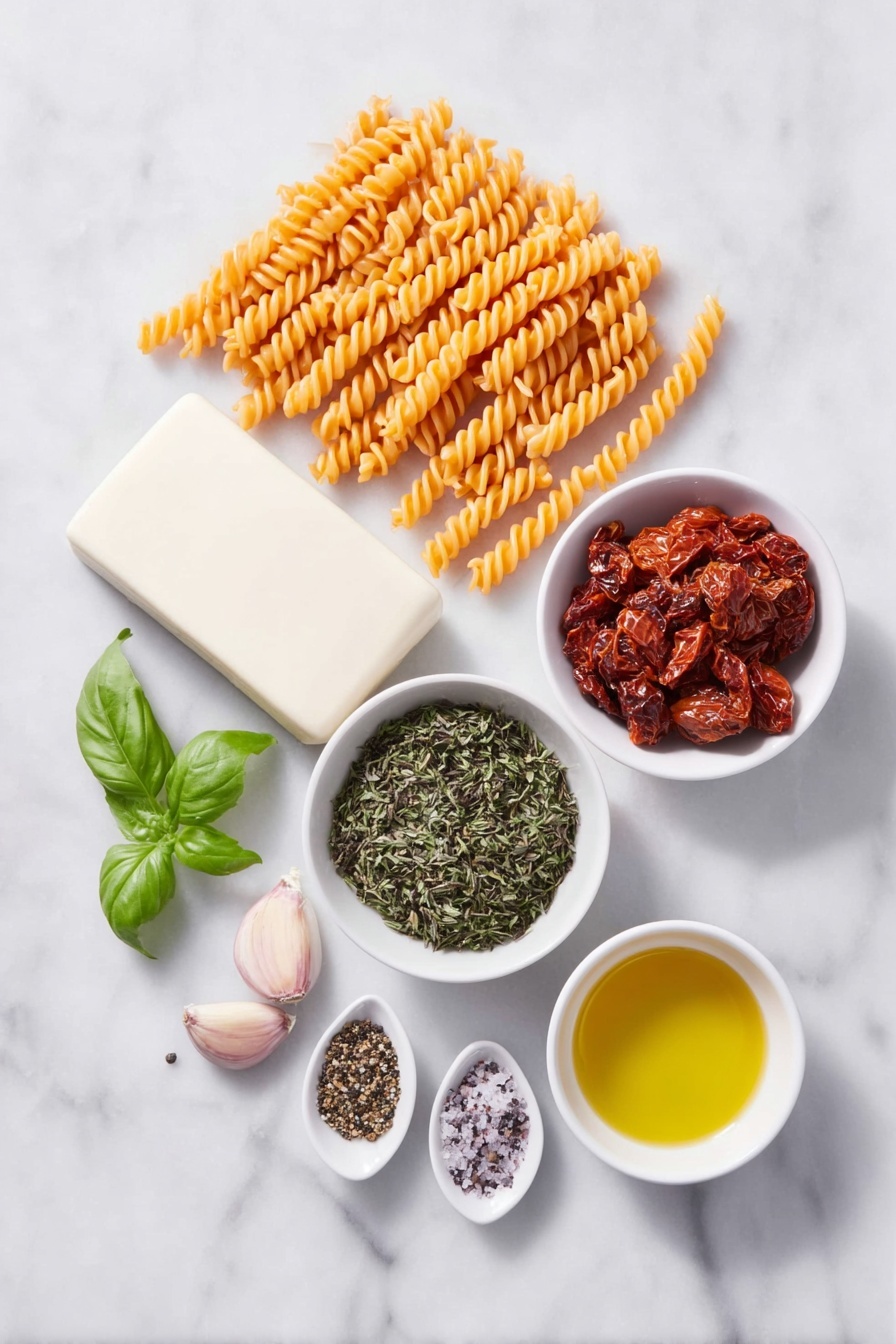 Flat lay of medium-sized twisted fusilli pasta, a cluster of ripe red cherry tomatoes on the vine, a small white ceramic bowl filled with glossy chopped sun-dried tomatoes in oil, a small white ceramic bowl holding vibrant green basil pesto, a smooth block of creamy white feta cheese, two whole uncracked brown eggs, two peeled garlic cloves, fresh basil sprigs with bright green leaves, a small white ceramic bowl of golden olive oil, and small white ceramic bowls containing dried oregano, dried parsley, dried thyme, red pepper flakes, salt, and black pepper, all arranged in perfect symmetry, placed on a clean white marble surface, soft natural light, photo taken with an iPhone, professional food photography style, fresh ingredients, white ceramic bowls, no bottles, no duplicates, no utensils, no packaging --ar 2:3 --v 7 --p m7354615311229779997