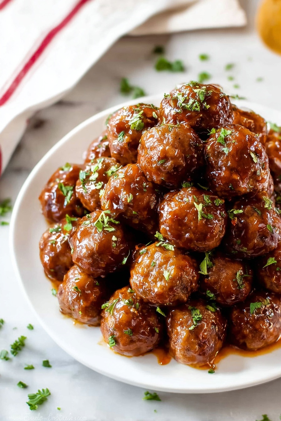 A white plate full of many small brown meatballs covered in shiny sauce, with little green chopped herbs sprinkled on top. The meatballs are stacked in a pile on the plate showing round and smooth textures. The plate is set on a white marbled surface with some scattered green herbs around. Part of a white cloth with red stripes is visible near the bottom left. Photo taken with an iphone --ar 2:3 --v 7