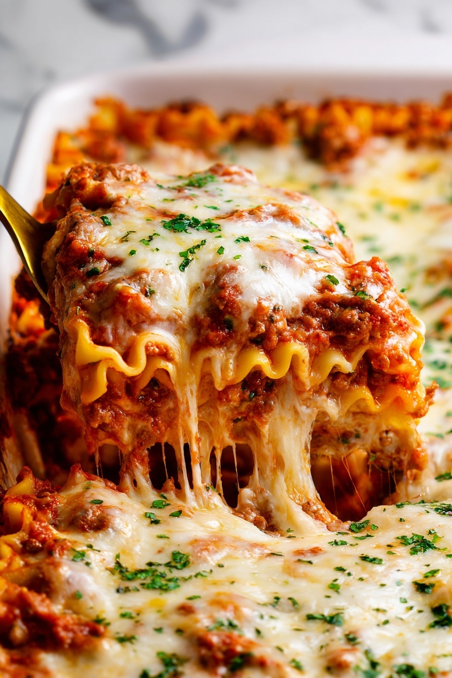 The image shows a close-up of a baked dish with three visible rolled layers filled with a mixture of meat sauce, rice, and tomato sauce inside a white rectangular dish. Each layer is covered with melted white cheese that looks soft and slightly browned in spots. Bright green chopped herbs are sprinkled over the top, adding color contrast to the red tomato sauce and melted cheese. The edges of the dish show some sauce stains, giving a fresh baked look. A gold-colored serving spoon is partially visible on the right side, scooping one portion. The dish sits on a white marbled surface. photo taken with an iphone --ar 2:3 --v 7