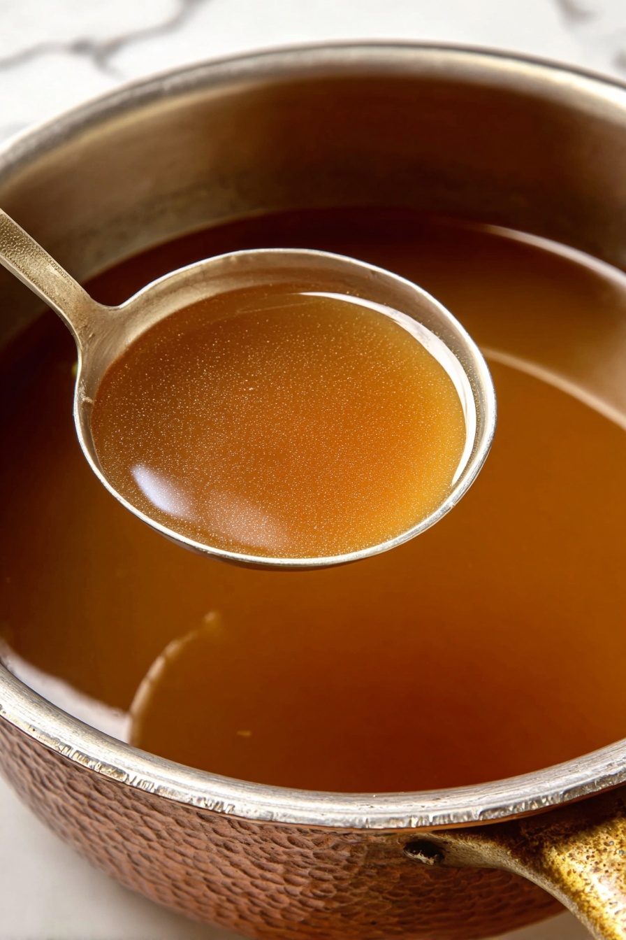 A close-up image showing a shiny metal pot filled with clear brown broth. A matching metal ladle is lifted above the pot, holding a smooth layer of the broth with a warm, translucent brown color and a slightly glossy surface. The pot’s rim and handle are visible with a textured, hammered metal finish. The background shows a white marbled texture. photo taken with an iphone --ar 2:3 --v 7