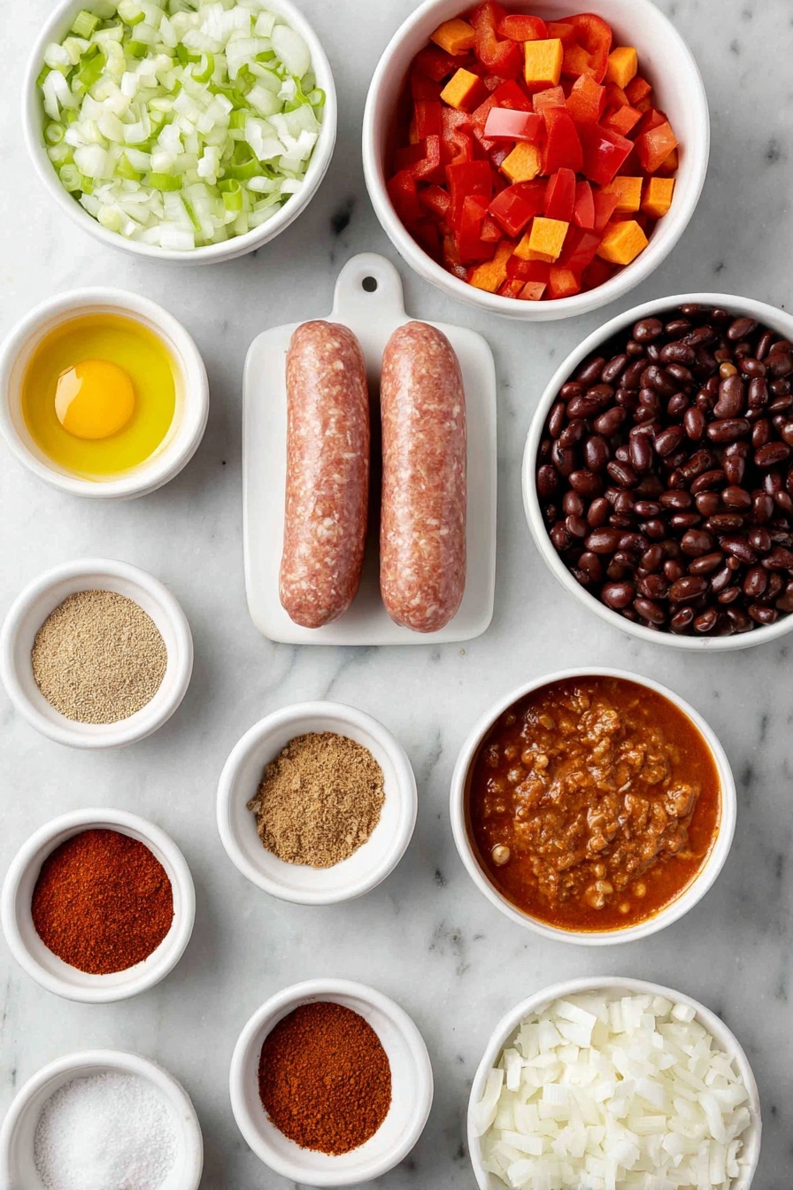 Flat lay of a small puddle of golden olive oil on a white ceramic spoon rest, one raw hot Italian sausage link with natural casing, one uncracked brown whole egg, a white ceramic bowl filled with freshly chopped white onion, a small pile of peeled and cubed orange sweet potato chunks, chopped red bell pepper pieces arranged neatly next to chopped green bell pepper pieces, six whole garlic cloves with skins removed, small white ceramic bowls each containing bright red chili powder, tan ground cumin, deep red chipotle chili powder, smoked paprika, light brown ground coriander, and light brown ground cinnamon, tiny white ceramic bowls holding salt and ground ginger powders, two whole fresh bay leaves with deep green color, a simple white ceramic bowl with vibrant fire-roasted tomatoes with juices visible, another white bowl filled with shiny rinsed kidney beans, a similar bowl with black beans, freshly scooped bright orange pumpkin puree in a small white bowl, a white ceramic bowl of smooth red tomato sauce, a small pile of mild diced green chiles with green and red hues, a white ceramic bowl filled with rich brown beef broth, a small heap of granulated beef bouillon crystals, arranged symmetrically and balanced with rounded edges — placed on a clean white marble surface, soft natural light, photo taken with an iPhone, professional food photography style, fresh ingredients, white ceramic bowls, no bottles, no duplicates, no utensils, no packaging --ar 2:3 --v 7 --p m7354615311229779997