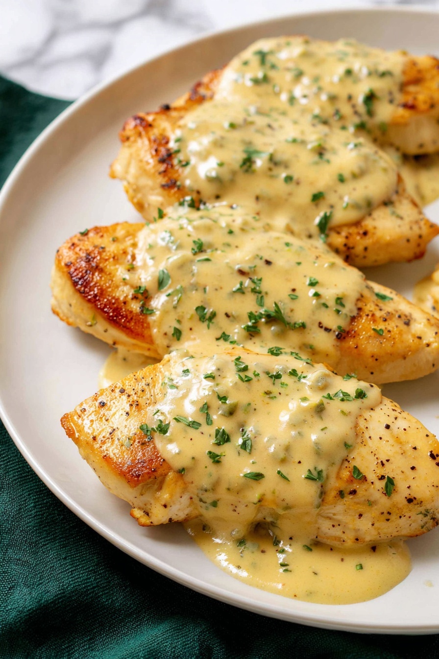 The image shows five golden-brown cooked chicken pieces on a white oval plate. The chicken is covered with a creamy light beige sauce that has green herb pieces sprinkled on top. The pieces are arranged close together, with some sauce pooling at the bottom. A fresh green parsley sprig rests on the right side of the plate. The plate is set on a white marbled surface with a dark green cloth under the left side. The background includes blurred green herbs. Photo taken with an iphone --ar 2:3 --v 7