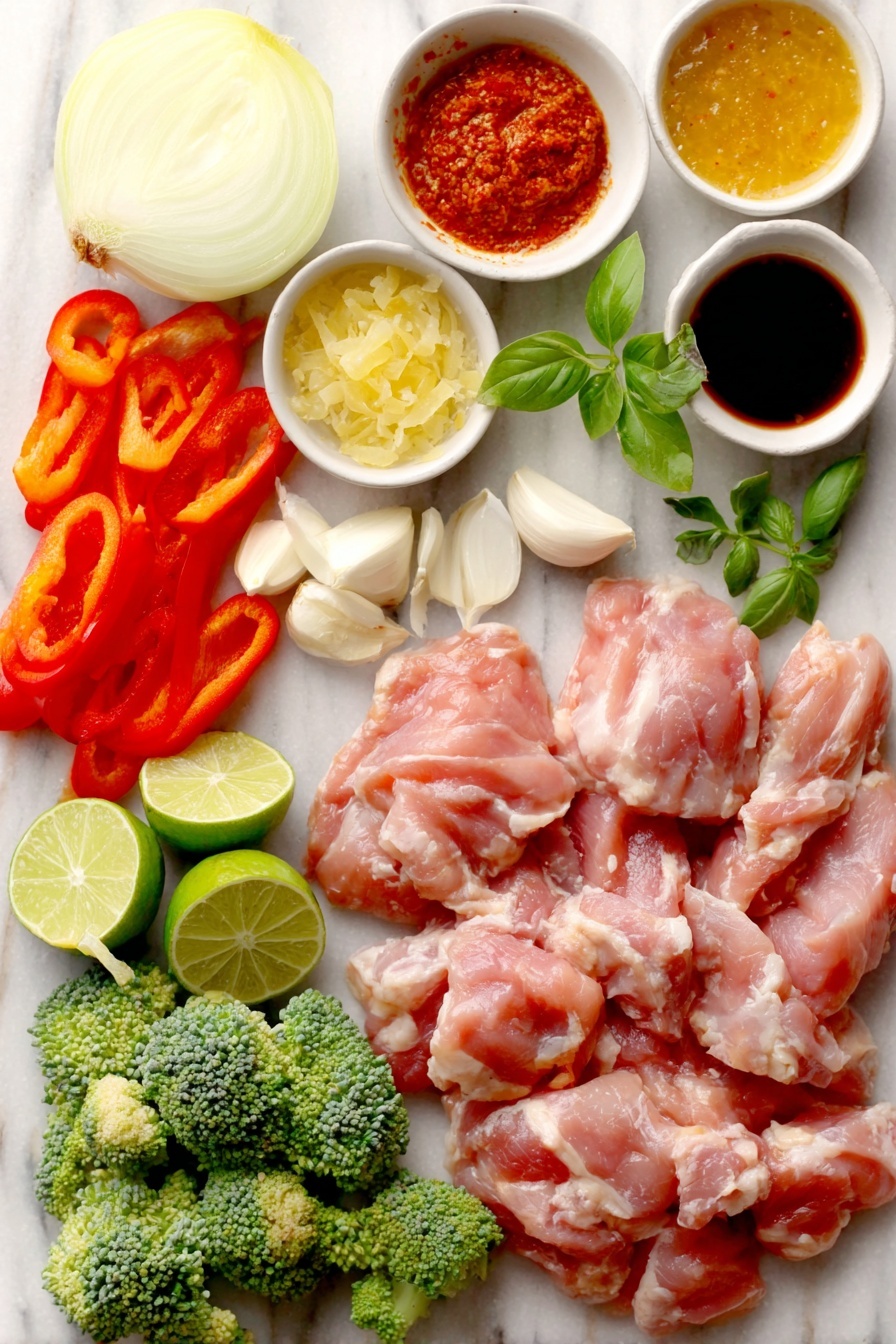 Flat lay of thinly sliced raw chicken thighs with a natural pink hue, a half large yellow onion chopped into pieces, one red bell pepper cut into roughly one-inch chunks, a carrot thinly sliced into rounds, fresh green broccoli florets, small pieces of freshly grated ginger, four whole garlic cloves with their skins removed, a small white bowl filled with creamy coconut milk, a small white bowl containing a smooth red curry paste, a small white bowl of translucent light brown Asian sweet chili sauce, a small white bowl with dark soy sauce, a small white bowl with clear fish sauce, a small white bowl with freshly squeezed lime juice, a small white bowl with golden brown sugar, one bright green bay leaf, a small pile of dried basil leaves, one whole lime cut in half showing fresh juice and zest, fresh green basil leaves, and fresh cilantro sprigs, all arranged symmetrically on a clean white marble surface, soft natural light, photo taken with an iPhone, professional food photography style, fresh ingredients, white ceramic bowls, no bottles, no duplicates, no utensils, no packaging --ar 2:3 --v 7 --p m7354615311229779997