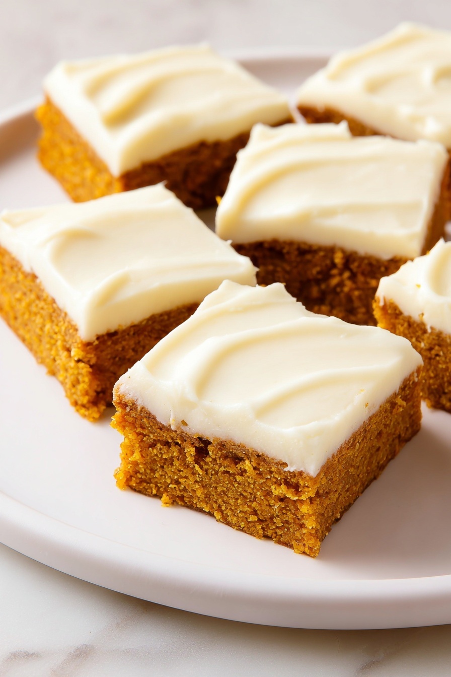 The image shows six square pieces of pumpkin cake with a thick layer of creamy white frosting on top. Each cake piece has two layers: the bottom layer is a moist, orange-brown pumpkin cake with a slightly crumbly texture, and the top layer is a smooth, pale cream-colored frosting evenly spread with soft swirls. The cake pieces are arranged on a round white plate placed on a white marbled surface. The overall look is neat and inviting with a soft contrast between the warm cake and the cool frosting. photo taken with an iphone --ar 2:3 --v 7