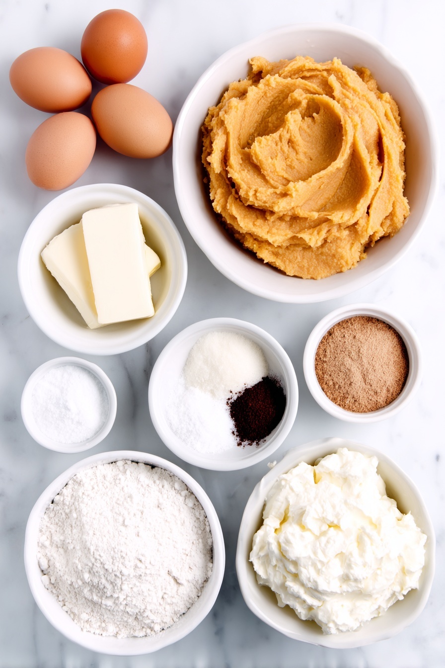 Flat lay of a small white ceramic bowl filled with smooth orange pumpkin puree, three whole clean brown eggs, a small white ceramic bowl of light golden neutral oil, two small white ceramic bowls holding white granulated sugar and light brown sugar, a small white ceramic bowl with clear vanilla extract, a small white ceramic bowl of pale all-purpose flour, a small white ceramic bowl containing fine kosher salt, a small white ceramic bowl with baking soda powder, a small white ceramic bowl of baking powder, a small white ceramic bowl with warm brown ground cinnamon, a small white ceramic bowl of creamy white cream cheese, a small white ceramic bowl of pale yellow unsalted butter, and a small white ceramic bowl piled with sifted white powdered sugar, all arranged symmetrically and balanced, placed on a clean white marble surface, soft natural light, photo taken with an iPhone, professional food photography style, fresh ingredients, white ceramic bowls, no bottles, no duplicates, no utensils, no packaging --ar 2:3 --v 7 --p m7354615311229779997