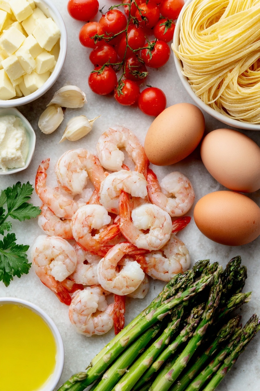 Flat lay of fresh medium uncooked shrimp with tails off arranged beside a bundle of thin to medium asparagus chopped into 1-inch pieces, a small cluster of vibrant red cherry tomatoes, a few whole uncracked brown eggs, several peeled garlic cloves, fresh bright green parsley sprigs, a small white ceramic bowl of cubed butter, a small white ceramic bowl of golden olive oil, a small white ceramic bowl of pale yellow lemon juice, and a neat nest of uncooked linguine pasta, all of the ingredients displayed symmetrically on a clean white marble surface, soft natural light, photo taken with an iPhone, professional food photography style, fresh ingredients, white ceramic bowls, no bottles, no duplicates, no utensils, no packaging --ar 2:3 --v 7 --p m7354615311229779997