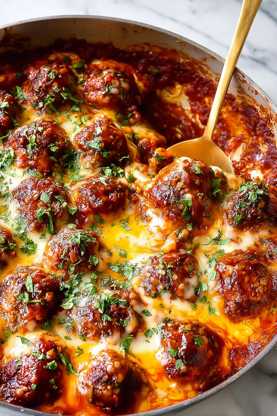 A large white pan filled with about three layers of rich, dark red sauce at the bottom with many round, dark brown meatballs arranged in a ring along the edges. In the center, there is a layer of melted cheese covered with small bright red diced tomatoes, light green guacamole, a dollop of white sour cream, and several sliced green jalapeños. The dish is sprinkled with chopped fresh green herbs across all layers. The pan sits on a white marbled surface with some scattered chopped herbs around and a gold spoon resting on the edge of the pan. Photo taken with an iphone --ar 2:3 --v 7