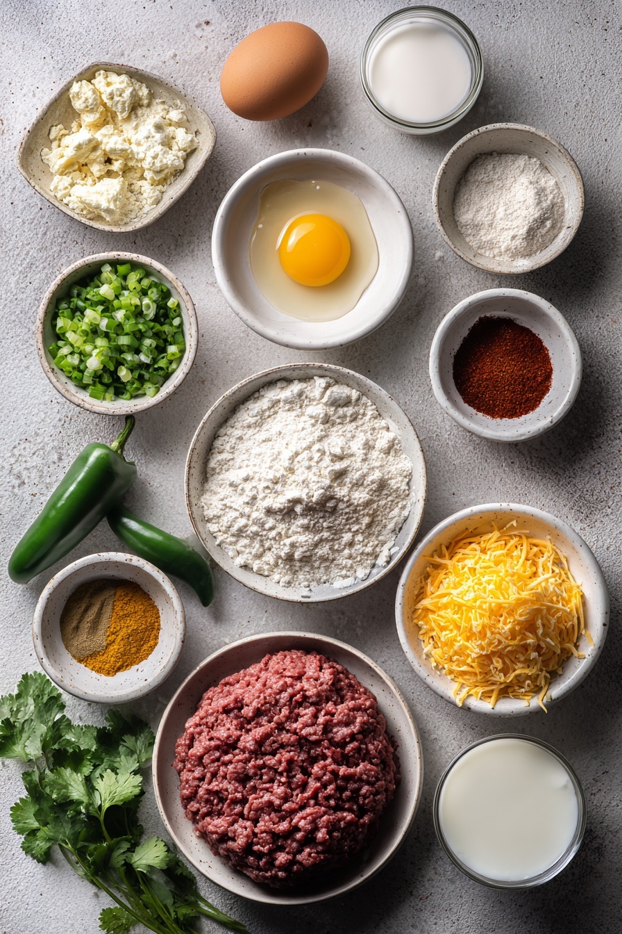 Flat lay of a single whole brown egg with a clean shell, a small white ceramic bowl of crushed Ritz or saltine crackers, a small white ceramic bowl of bright green minced green onions, a small white ceramic bowl of fresh chopped cilantro leaves, a small white ceramic bowl of creamy milk, a small white ceramic bowl of vibrant red chili powder, a small white ceramic bowl of golden garlic powder, a small white ceramic bowl with a mix of ground cumin, smoked paprika, dried oregano, salt, and pepper, a portion of raw lean ground beef shaped loosely, a small white ceramic bowl of plain all-purpose flour, a small white ceramic bowl of earthy ground coriander, a small white ceramic bowl of golden unsalted butter cubes, a small white ceramic bowl of light golden canola oil, a small white ceramic bowl of deep red tomato paste, a small white ceramic bowl filled with rich chicken broth, a small white ceramic bowl of dark brown unsweetened cocoa powder, a small white ceramic bowl of fine white sugar, a small white ceramic bowl with a pinch of warm brown cinnamon, a small white ceramic bowl of amber apple cider vinegar, a small white ceramic bowl of shredded yellow cheddar and Monterey Jack cheese mix, fresh whole green jalapeños, ripe red tomatoes cut in halves, shiny black olives, a dollop of smooth white sour cream in a small white ceramic bowl, a small white ceramic bowl containing green guacamole, and fresh lime wedges sliced with bright green rind and juicy pale green flesh, all arranged in perfect symmetry on a clean white marble surface, soft natural light, photo taken with an iPhone, professional food photography style, fresh ingredients, white ceramic bowls, no bottles, no duplicates, no utensils, no packaging --ar 2:3 --v 7 --p m7354615311229779997