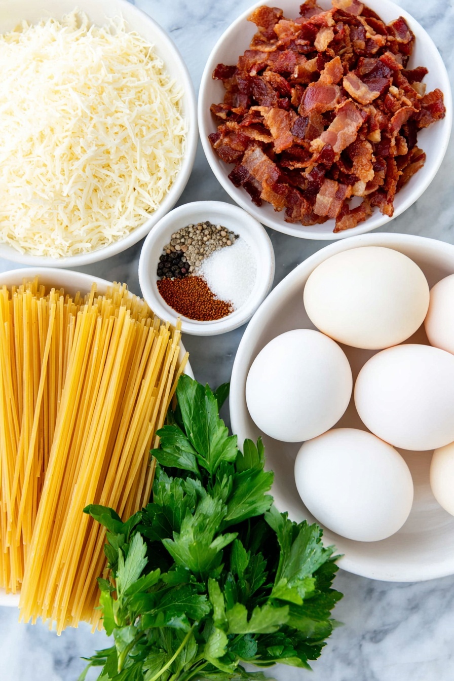 Flat lay of crispy bacon pieces, two whole cloves of garlic, a nest of uncooked spaghetti, three large whole eggs with clean shells, a small white bowl of grated Parmesan cheese, a small white bowl of freshly cracked black pepper, a small white bowl of salt, and a small handful of fresh parsley leaves, all arranged in perfect symmetry on simple white ceramic bowls and plates, placed on a clean white marble surface, soft natural light, photo taken with an iPhone, professional food photography style, fresh ingredients, white ceramic bowls, no bottles, no duplicates, no utensils, no packaging --ar 2:3 --v 7 --p m7354615311229779997