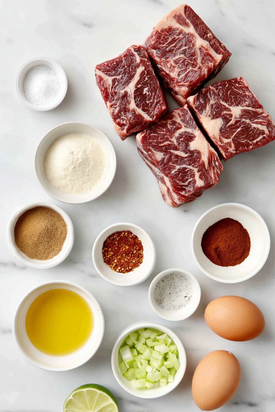 Flat lay of fresh whole boneless beef chuck roast pieces with visible marbling and trimmed fat, a small white ceramic bowl of golden vegetable oil, a white ceramic bowl holding a bright red chili powder, another small white bowl with ground cumin powder, a white bowl filled with coarse kosher salt, a white bowl containing garlic powder, a white bowl with onion powder, a white bowl of smoked paprika, a white bowl with ground black pepper, a white bowl of ground coriander, a white bowl with deep red chipotle chili powder, a small white bowl of rich brown tomato paste, a white bowl with freshly squeezed lime juice, a white bowl filled with light brown granulated brown sugar, a white bowl with finely chopped mild green chilies, two whole uncracked brown eggs, and a small white bowl of reduced sodium beef broth, all arranged symmetrically and balanced, placed on a clean white marble surface, soft natural light, photo taken with an iPhone, professional food photography style, fresh ingredients, white ceramic bowls, no bottles, no duplicates, no utensils, no packaging --ar 2:3 --v 7 --p m7354615311229779997