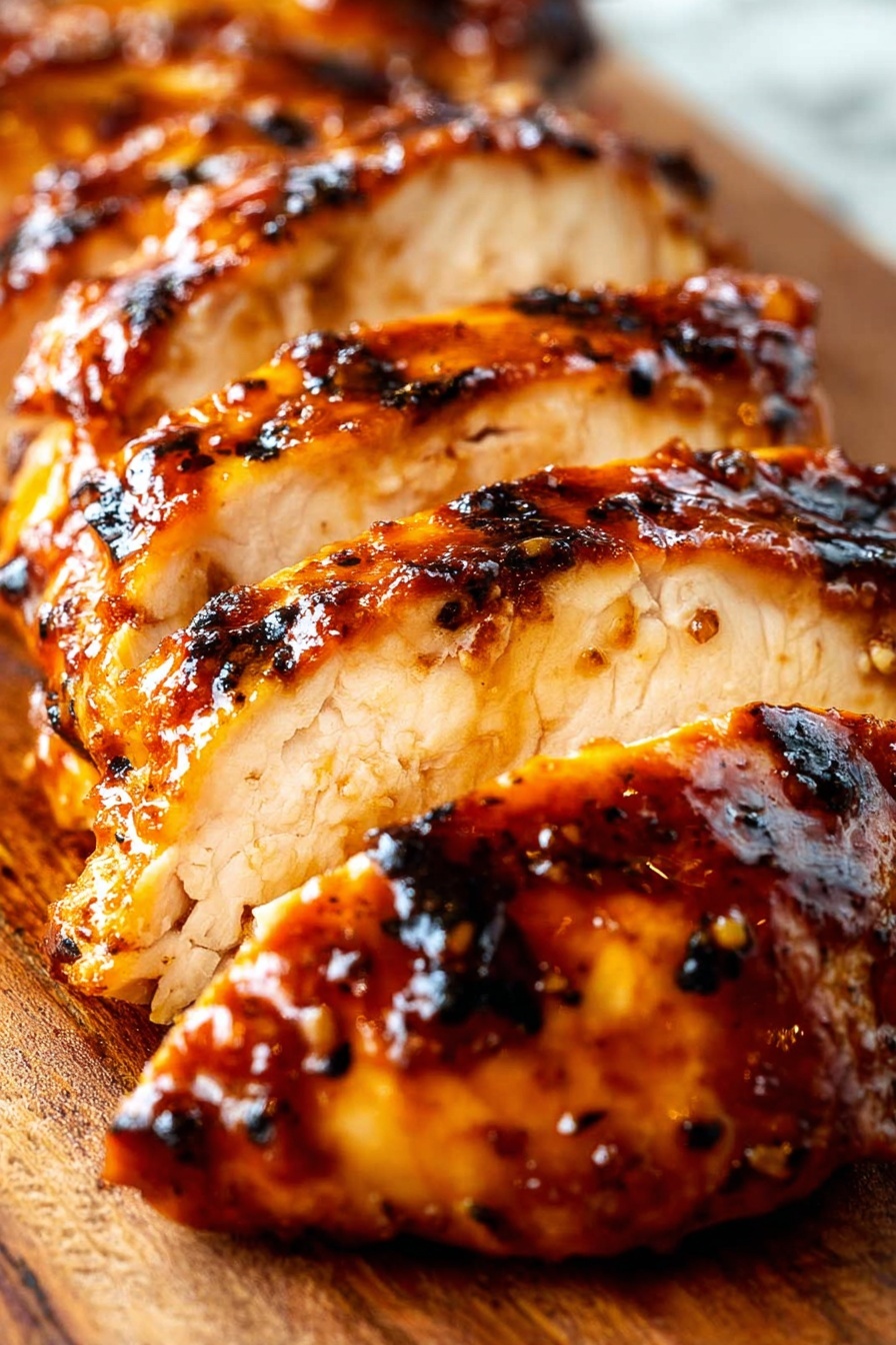 The image shows a piece of grilled meat sliced into layers on a wooden cutting board. The sliced meat has a dark brown grilled surface with shiny glaze and char marks, revealing light brown inside layers. Behind the sliced meat, there is a whole piece of the same grilled meat, also shiny and dark brown, resting on the board. A large black knife with a white handle lies next to the meat on the board. The cutting board has a textured wood grain surface. Photo taken with an iphone --ar 2:3 --v 7