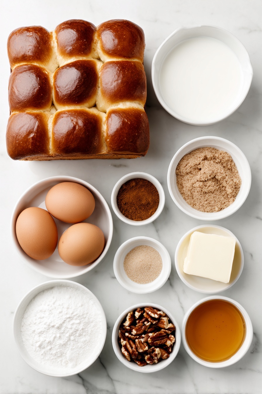 Flat lay of a small loaf of challah bread cut into 1-inch cubes, five large whole brown eggs with clean shells, a small white bowl of milk, a small white bowl of light brown sugar, a small white bowl of vanilla extract, a small white bowl of ground cinnamon, a small white bowl of ground nutmeg, a small white bowl of coarse sea salt, a small white bowl of melted unsalted butter, a small white bowl of chopped pecans, and a small white bowl of golden maple syrup, all arranged with perfect symmetry on a clean white marble surface, soft natural light, photo taken with an iPhone, professional food photography style, fresh ingredients, white ceramic bowls, no bottles, no duplicates, no utensils, no packaging --ar 2:3 --v 7 --p m7354615311229779997