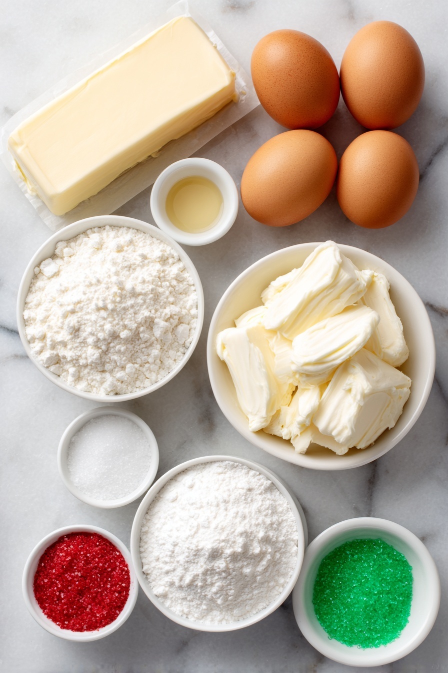 Flat lay of a small white ceramic bowl of softened pale yellow salted butter, a small white ceramic bowl of smooth white cream cheese, a simple white ceramic bowl filled with granulated white sugar, two large brown eggs with clean uncracked shells, a small white ceramic bowl containing clear vanilla extract, a small white ceramic bowl with light amber almond extract, a neat pile of fine off-white all-purpose flour, a small mound of bright white cornstarch, a small white ceramic bowl holding fine beige baking soda powder, a small white ceramic bowl with fine white salt, and two small white ceramic bowls—one filled with sparkling red sanding sugar and the other with sparkling green sanding sugar—placed on a clean white marble surface, soft natural light, photo taken with an iPhone, professional food photography style, fresh ingredients, white ceramic bowls, no bottles, no duplicates, no utensils, no packaging --ar 2:3 --v 7 --p m7354615311229779997