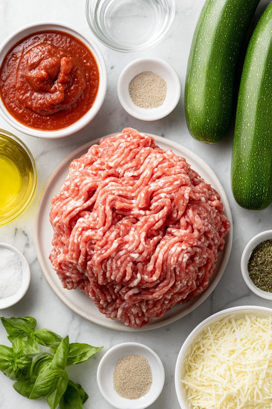Flat lay of a whole raw pound of lean ground turkey shaped loosely on a simple white ceramic plate, a small white bowl filled with deep red tomato paste, a small white bowl with clear water, a small white bowl holding dried oregano leaves, a small white bowl with pale beige garlic powder, a small white bowl of fine white salt, a small white bowl of ground black pepper, four fresh whole zucchinis with shiny green skins, a small white bowl containing golden olive oil, a small white bowl with finely grated parmesan cheese, a small white bowl overflowing with shredded mozzarella cheese, and a few sprigs of bright green fresh basil arranged neatly on a simple white ceramic plate, all placed on a clean white marble surface, soft natural light, photo taken with an iPhone, professional food photography style, fresh ingredients, white ceramic bowls, no bottles, no duplicates, no utensils, no packaging --ar 2:3 --v 7 --p m7354615311229779997