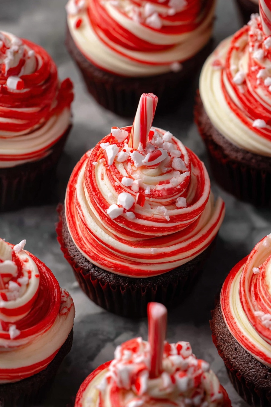 The image shows several chocolate cupcakes with a dark, soft, and crumbly texture. Each cupcake has a topping layer of red and white swirled frosting, which looks creamy and smooth. One cupcake is cut in half, revealing only the chocolate cake inside. Some cupcakes have small red and white pieces sprinkled on top, and one cupcake has a small candy cane stuck into the frosting. The cupcakes sit on white paper liners, placed on a background with a white marbled texture, scattered with small red and white candy pieces. photo taken with an iphone --ar 2:3 --v 7