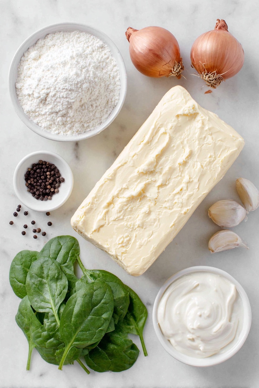 Flat lay of unsalted butter block, two whole uncracked brown shallots, coarse sea salt crystals, black peppercorns scattered, two whole uncracked garlic cloves, a small white ceramic bowl with all-purpose flour, a small white ceramic bowl with heavy cream, freshly grated Parmesan cheese mound on a white plate, a large pile of fresh green spinach leaves, and a lemon wedge, all arranged with perfect symmetry on a clean white marble surface, soft natural light, photo taken with an iPhone, professional food photography style, fresh ingredients, white ceramic bowls, no bottles, no duplicates, no utensils, no packaging --ar 2:3 --v 7 --p m7354615311229779997