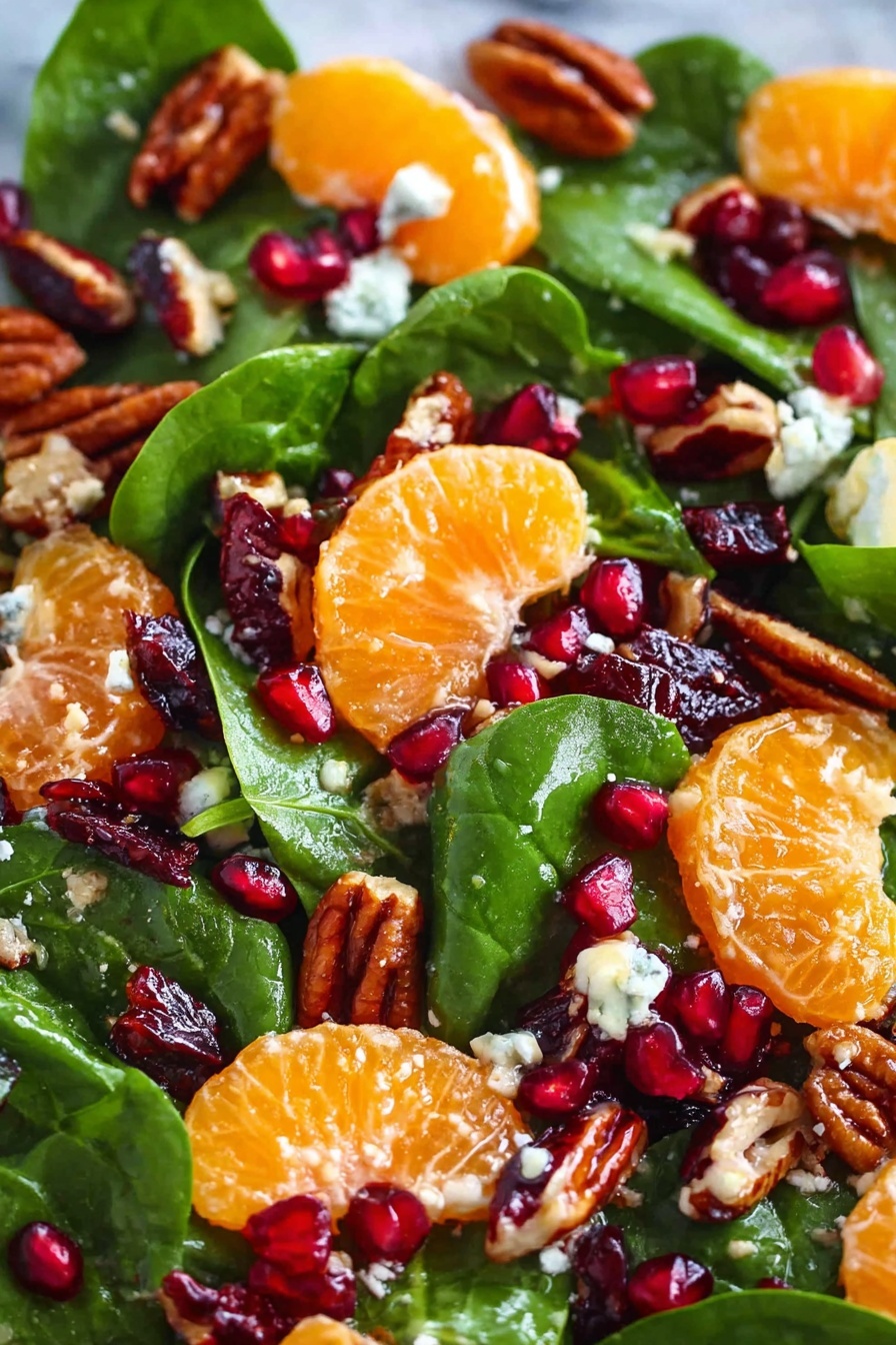 The image shows a close-up of a fresh salad with three main layers: the base layer is fresh green spinach leaves with a smooth texture; the middle layer includes bright orange mandarin slices and glossy, dark red pomegranate seeds scattered evenly; the top layer features crunchy brown pecans, small bits of white cheese, and some dark dried fruit pieces all mixed throughout. The salad looks lightly coated with a shiny dressing, sitting on a white marbled surface. Photo taken with an iphone --ar 2:3 --v 7