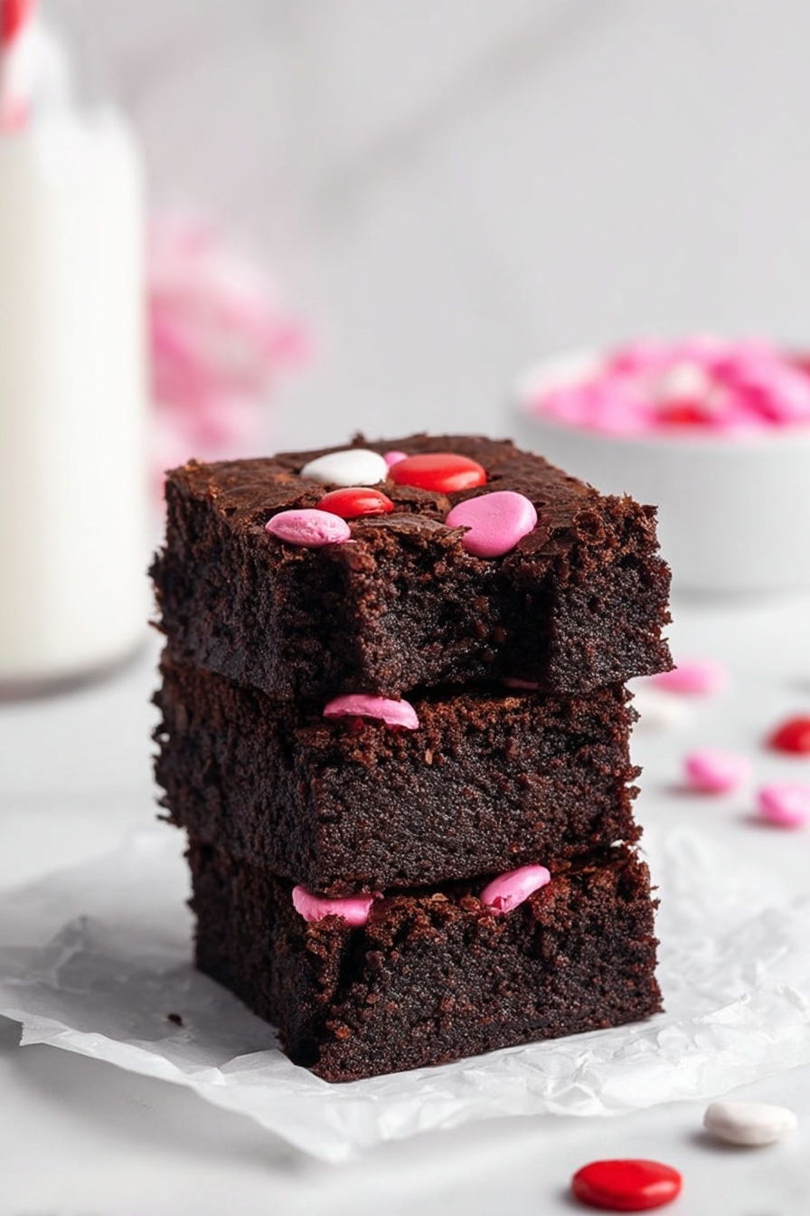 There is a stack of three dark chocolate brownies placed on a crinkled white paper over a white marbled surface. Each brownie is thick and moist with a dense texture, and decorated with pink and red chocolate candies pressed into the top. The top brownie has a bite taken out of its front edge, showing the rich, soft inside. Around the stack, there are a few scattered pink, red, and white candy pieces. In the blurred background, there is a white bowl filled with pink candies and a tall glass of milk, all against a soft white marbled background. photo taken with an iphone --ar 2:3 --v 7