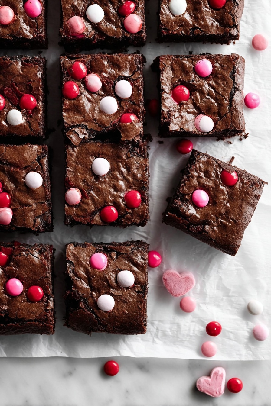 A batch of nine square chocolate brownies is shown on white parchment paper over a white marbled surface, each brownie topped with scattered red, pink, and white candy-coated chocolates embedded on the cracked surface. Two brownies are slightly pulled out, highlighting their dense, dark brown texture and the colorful candies on top, while a few extra candies lie around on the parchment and marbled surface, adding a playful touch. The lighting is soft, showing shiny spots on the candies and deep cracks on the rich chocolate brownies. Photo taken with an iphone --ar 2:3 --v 7