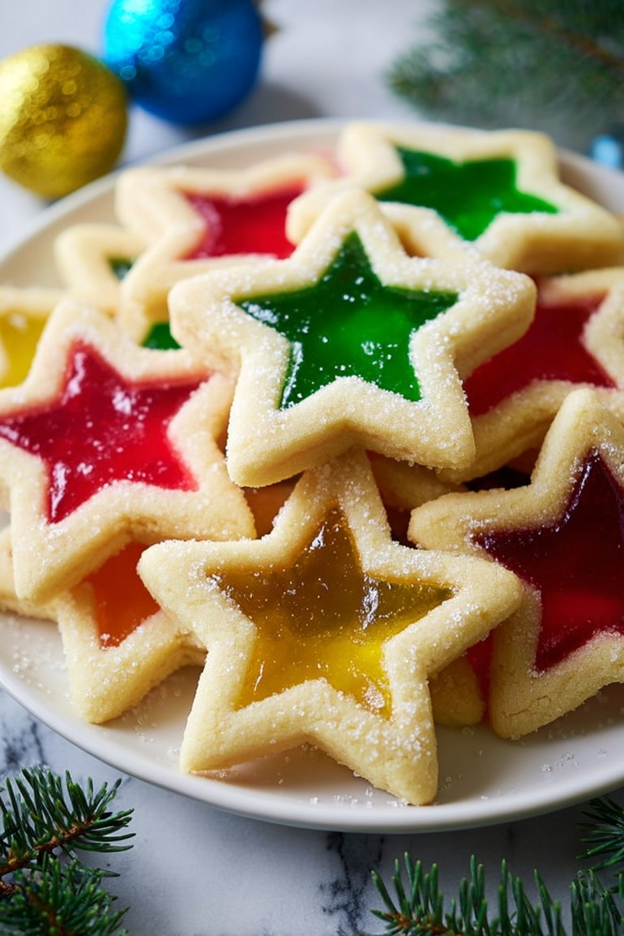 A white plate filled with stacked star-shaped cookies, each cookie has two layers: the bottom layer is a pale yellow soft cookie, and the top layer is the same cookie with a star cutout filled with colorful translucent candy in red, green, yellow, and orange. The cookies are sprinkled lightly with white sugar crystals. Some green pine branches and small shiny blue and yellow ornaments are visible in the background on a white marbled surface. photo taken with an iphone --ar 2:3 --v 7