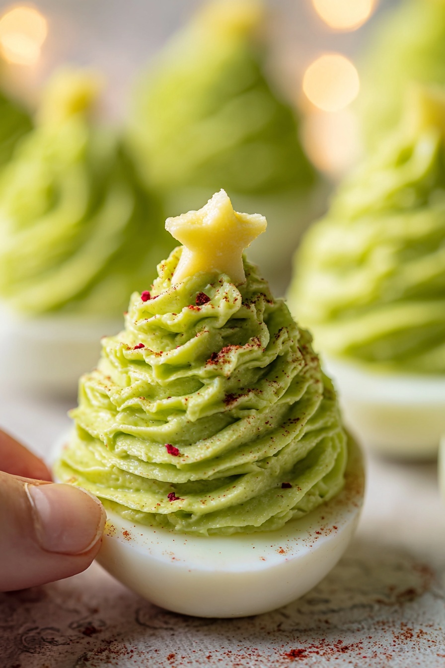 The image shows a close-up of a deviled egg cut in half, with a white egg white base and a light green creamy filling piped in tall, ridged swirls on top. The filling has a smooth texture with some small specks of seasoning, possibly pepper or chili flakes, scattered lightly over it. The egg sits on a rustic textured wooden surface that is slightly worn, showing chipped paint. In the background, there are blurred similar deviled eggs, creating a soft focus effect. The overall color contrast is white and pale green with a hint of seasoning. Photo taken with an iphone --ar 2:3 --v 7