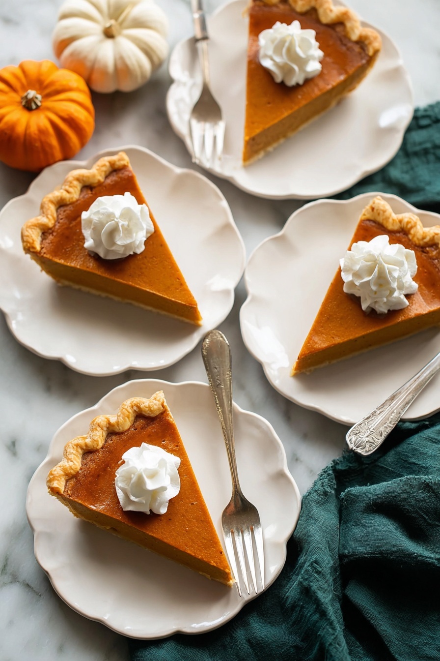 The image shows a pumpkin pie with a golden-brown crust that has a wavy edge, holding a smooth, deep orange filling. The pie is in a clear glass dish on a white marbled surface. Three slices are cut out, with one slice taken away showing the thick, dense filling inside. Around the pie, there are two small decorative pumpkins, one white and one brown, and a dark green cloth casually placed to the side. A silver pie server is partially visible in the bottom left corner. photo taken with an iphone --ar 2:3 --v 7