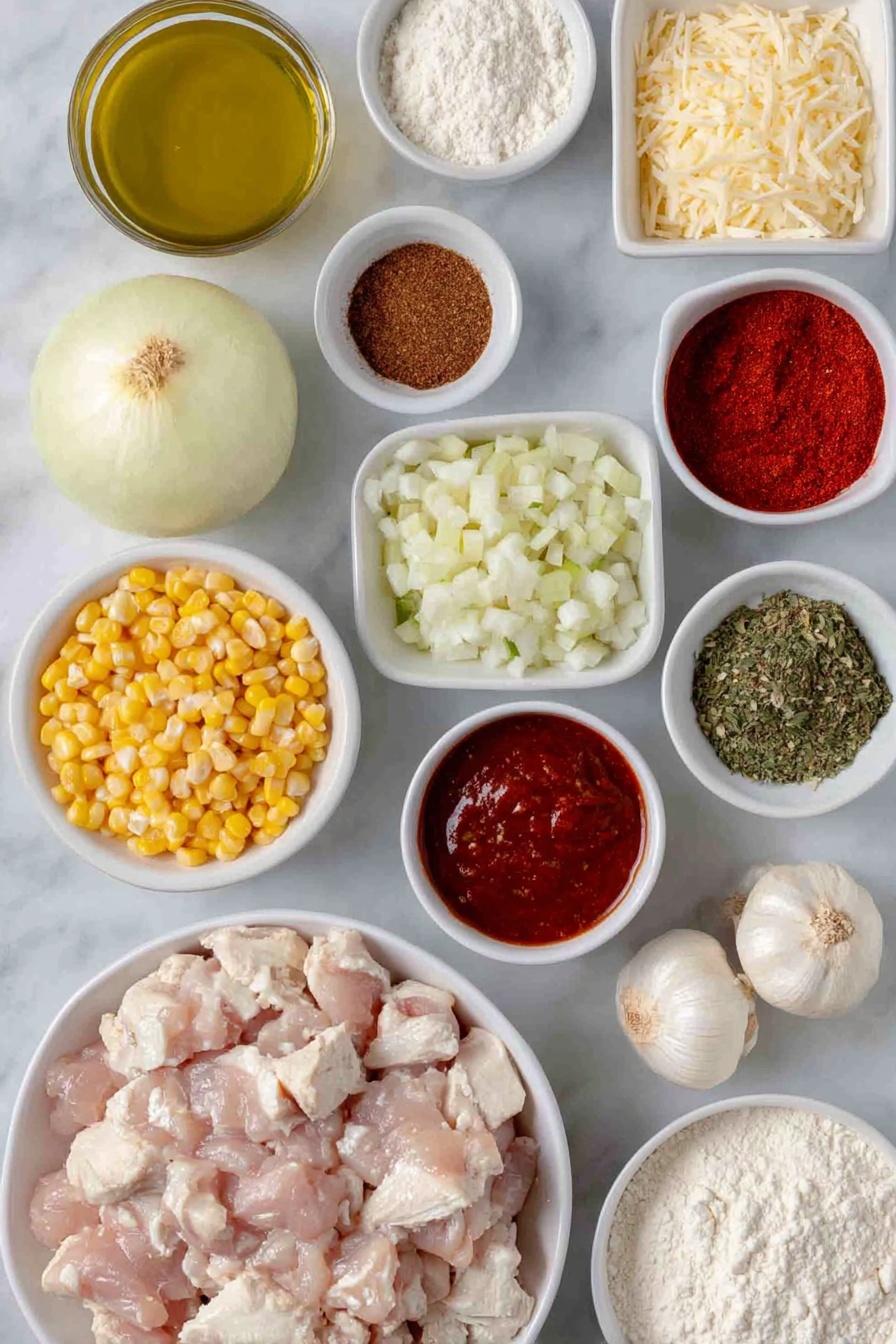Flat lay of a small pat of unsalted butter, a small white bowl of olive oil, half a large yellow onion diced, one green jalapeno pepper whole and uncut, raw chopped chicken breast pieces, a small white bowl of ground cumin, a small white bowl of salt, a small white bowl of chili powder, a small white bowl of smoked paprika, a small white bowl of dried oregano, one whole red bell pepper chopped, a small white bowl of all-purpose flour, four whole garlic cloves unpeeled, a small white bowl of low sodium chicken broth, a small white bowl of cornstarch, a small white bowl filled with cream-style corn, a small white bowl with sweet corn kernels, a small white bowl of fire-roasted diced tomatoes, a small white bowl of mild diced green chilies, a small block of cream cheese, small piles of shredded sharp cheddar cheese and shredded Monterrey Jack cheese, a small white bowl of hot sauce, and fresh cilantro sprigs, placed on a clean white marble surface, soft natural light, photo taken with an iPhone, professional food photography style, fresh ingredients, white ceramic bowls, no bottles, no duplicates, no utensils, no packaging --ar 2:3 --v 7 --p m7354615311229779997