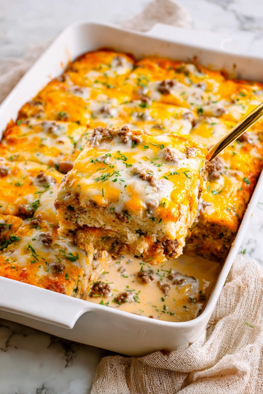 The image shows a thick slice of a layered casserole on a white plate with a brown rim, placed on a white marbled surface. The dish has three main layers visible: a bottom layer of golden, soft bread-like texture, a middle layer with creamy, light beige sauce mixed with bits of ground meat and herbs, and a top layer covered with melted orange and white cheese that is bubbly and slightly browned. Small green herb pieces are sprinkled on top, adding freshness. The layers blend with gooey cheesiness and a rich, creamy texture, with some browned crispy spots on the cheese layer. Photo taken with an iphone --ar 2:3 --v 7