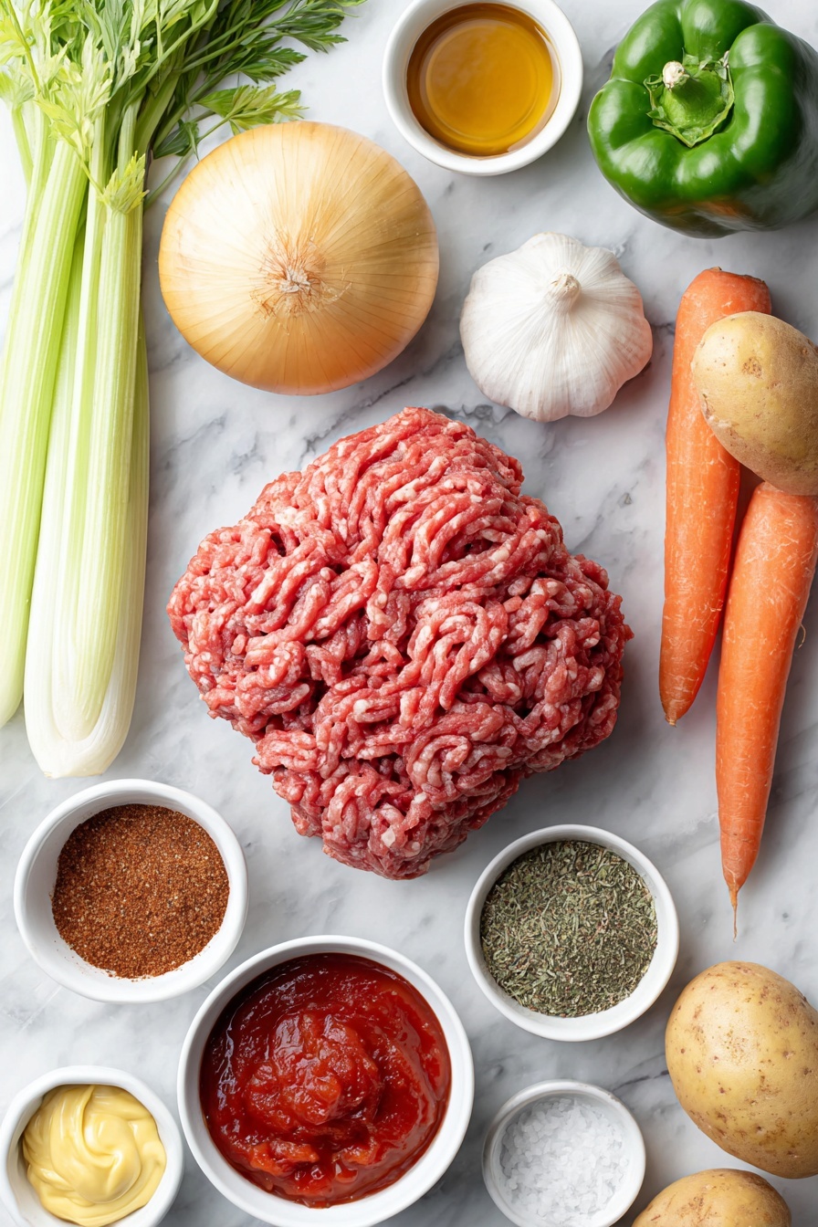 Flat lay of fresh ground beef formed into a loose mound, a whole yellow onion with smooth golden skin, three bright orange carrots with leafy tops removed, three crisp celery stalks with natural ridges, four whole garlic cloves with papery skins, a green bell pepper with glossy skin, a small pile of red and Yukon gold potatoes with natural dirt spots, a small white ceramic bowl filled with rich reddish fire roasted diced tomatoes with juices, a small white ceramic bowl of smooth tomato sauce, a small white ceramic bowl containing golden yellow deli mustard, a small white ceramic bowl with amber Worcestershire sauce, a small white ceramic bowl with pale apple cider vinegar, a small white ceramic bowl holding moist brown sugar, a small white ceramic bowl of radiant red chili powder, a small white ceramic bowl with light brown ground cumin powder, a small white ceramic bowl of dried greenish basil, a small white ceramic bowl of dried parsley flakes, a small white ceramic bowl with dried oregano leaves, a small white ceramic bowl filled with deep red smoked paprika, a small white ceramic bowl of coarse salt crystals, a small white ceramic bowl containing cracked black peppercorns, and a small white ceramic bowl of beef bouillon granules placed on a clean white marble surface, soft natural light, photo taken with an iPhone, professional food photography style, fresh ingredients, white ceramic bowls, no bottles, no duplicates, no utensils, no packaging --ar 2:3 --v 7 --p m7354615311229779997