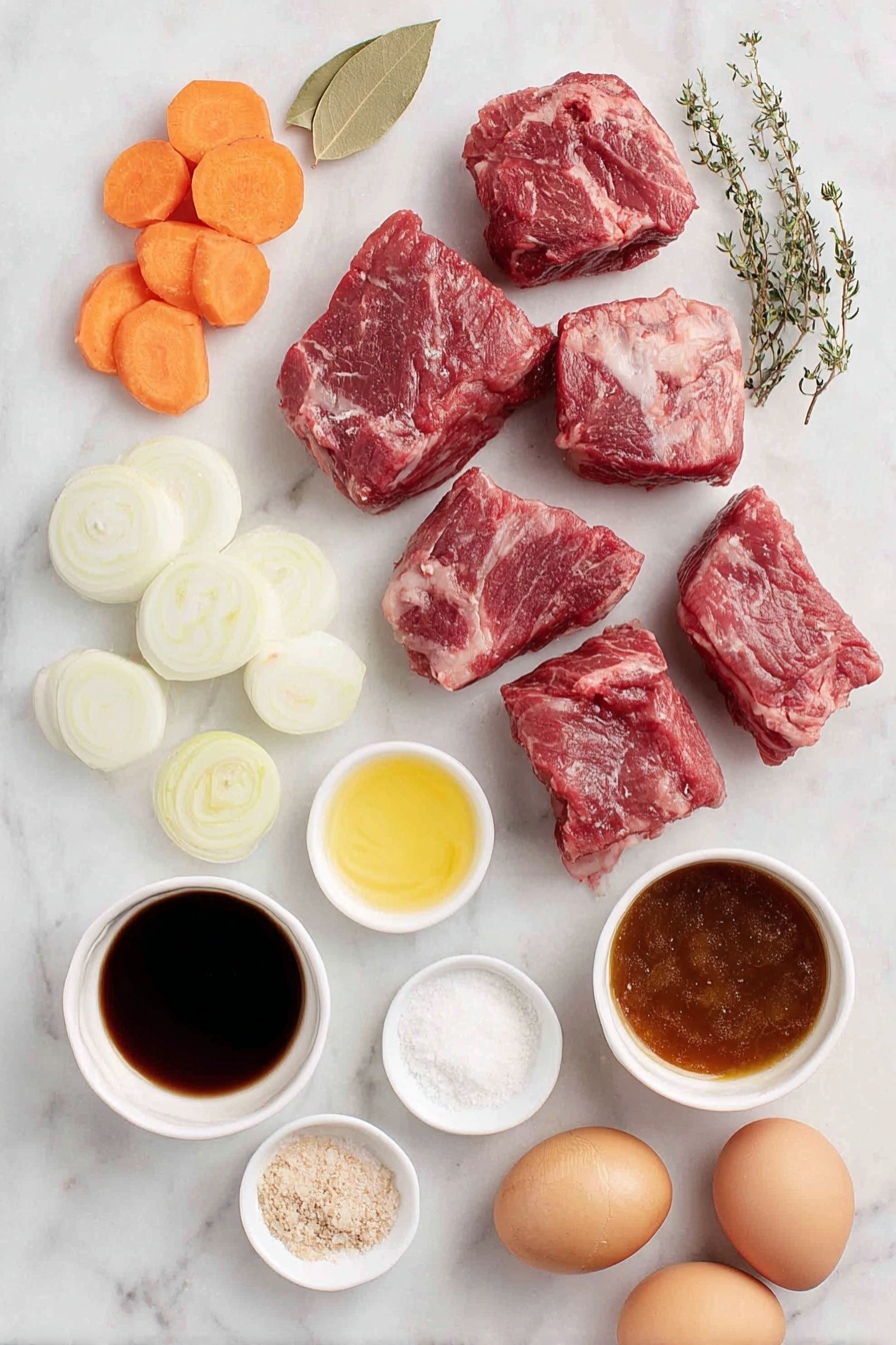 Flat lay of fresh, bite-sized raw beef chuck pieces, a few medium red potatoes roughly chopped, several thick slices of peeled orange carrots, four thick celery stalk slices, a large chopped white onion, a cluster of unpeeled whole garlic cloves, one fresh bay leaf, a few sprigs of dried oregano and thyme arranged naturally, small white ceramic bowls containing bright crushed tomatoes, rich beef consommé, dark beef broth, shiny soy sauce, smooth Dijon mustard, a small mound of all-purpose flour, and tiny heaps of ground cumin, paprika, beef bouillon granules, coarse sugar, and separate whole brown eggs, all placed on a clean white marble surface, soft natural light, photo taken with an iPhone, professional food photography style, fresh ingredients, white ceramic bowls, no bottles, no duplicates, no utensils, no packaging --ar 2:3 --v 7 --p m7354615311229779997