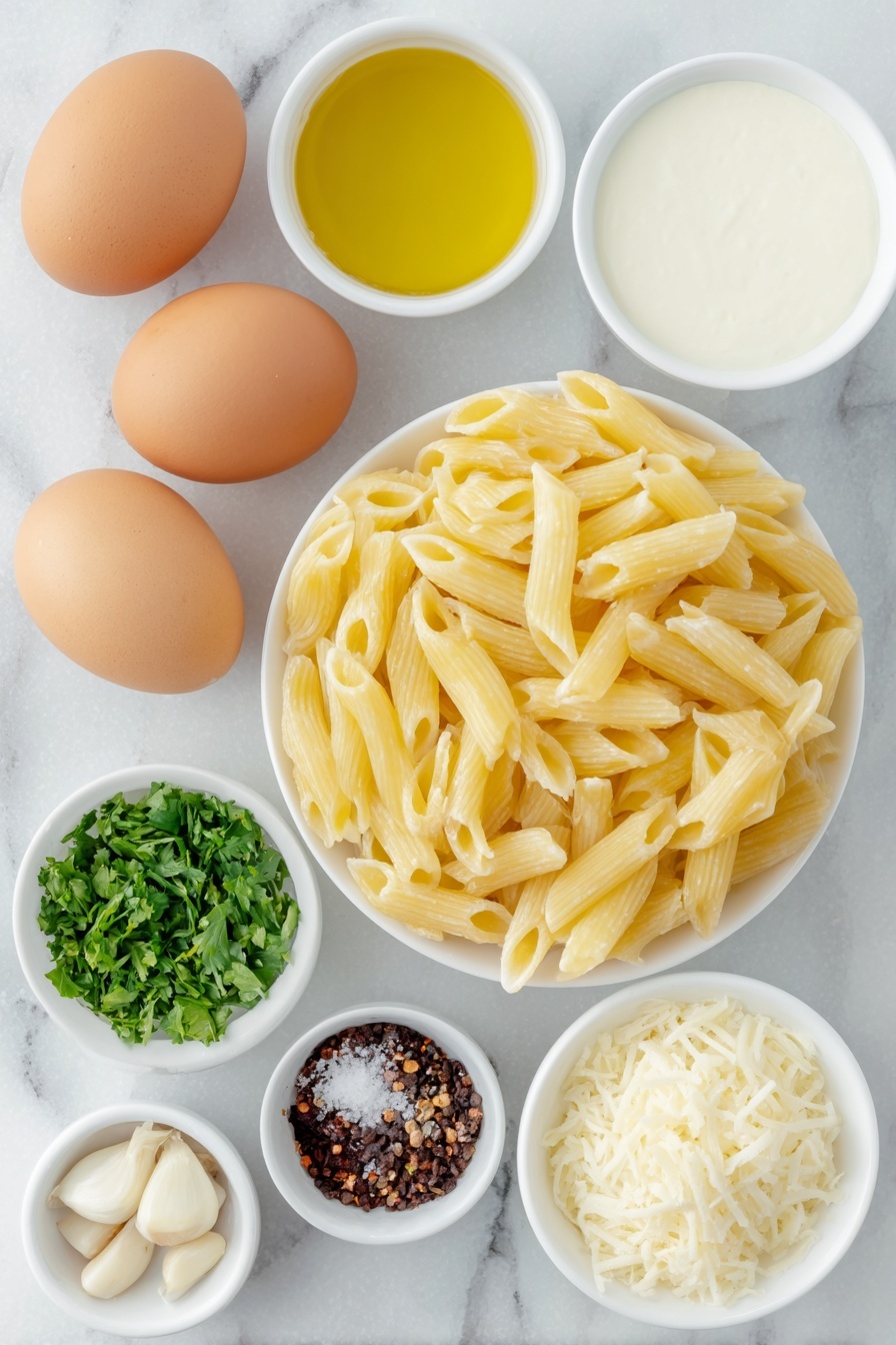 Flat lay of a small mound of uncooked penne pasta, two whole uncracked brown eggs, a small white ceramic bowl of bright red tomato paste, a small white ceramic bowl of thick pale cream, a small white ceramic bowl of golden olive oil, a small white ceramic bowl of clear vodka, a small white ceramic bowl of coarse kosher salt crystals, a small white ceramic bowl of red chili flakes, a small white ceramic bowl of freshly ground black pepper, a small pile of finely diced white onion, two whole garlic cloves with papery skins intact, a small pile of finely chopped fresh green parsley leaves, and a small block of pale yellow parmesan cheese with a fine grater scraping a small heap of fluffy grated parmesan on a simple white ceramic plate, all arranged symmetrically and balanced, placed on a clean white marble surface, soft natural light, photo taken with an iPhone, professional food photography style, fresh ingredients, white ceramic bowls, no bottles, no duplicates, no utensils, no packaging --ar 2:3 --v 7 --p m7354615311229779997