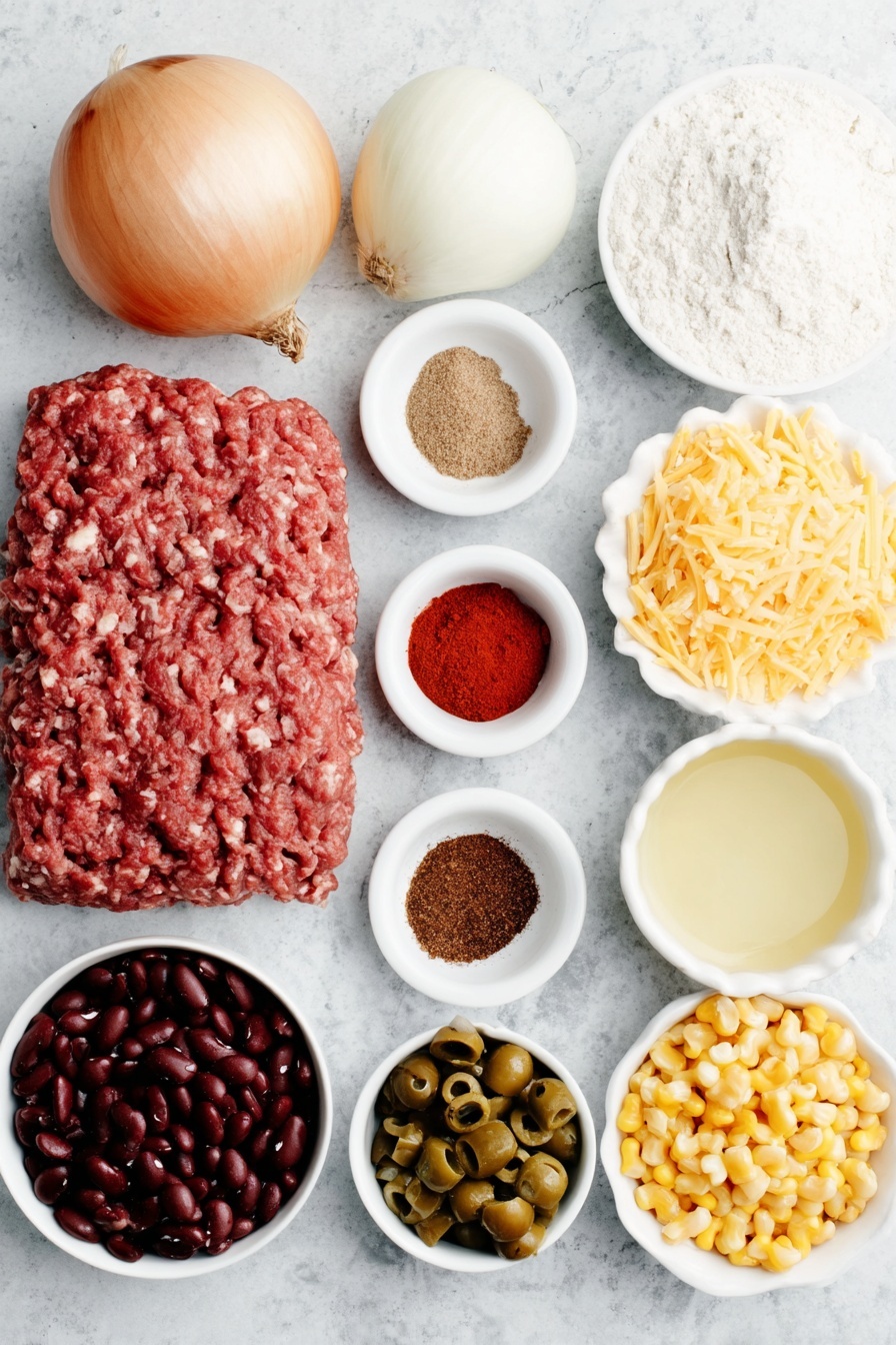 Flat lay of a raw lean ground beef portion shaped naturally, a whole yellow onion with smooth skin, a small mound of white flour on a simple white ceramic plate, a neat pile of vibrant red chili powder, small piles of ground cumin and garlic powder each on separate white ceramic dishes, a pinch of finely ground smoked paprika and dried oregano each in tiny white bowls, a tiny heap of cayenne pepper, a thick dollop of bright red tomato paste on a plain white dish, several unpeeled garlic cloves, a small white bowl filled with clear golden chicken broth, a simple white bowl holding chunky fire roasted diced tomatoes with juices, a small white bowl with mild chopped green chiles, a white bowl containing rich brown unsweetened cocoa powder, a small portion of fine white sugar, a small pinch of ground cinnamon on a white dish, a pile of rinsed pinto beans on a plain white plate, a small mound of bright yellow frozen sweet corn kernels, a little cluster of sliced black olives on a white dish, and a tiny white bowl holding light amber apple cider vinegar, several smooth uncracked brown eggs, a neat stack of uncooked flat rectangular regular lasagna noodles, two small heaps of freshly grated Monterrey Jack and sharp cheddar cheeses on separate white plates, a small white bowl of creamy sour cream, a dollop of smooth cream cheese, a small white bowl filled with mild green salsa verde, all ingredients arranged symmetrically and naturally placed on a clean white marble surface, soft natural light, photo taken with an iPhone, professional food photography style, fresh ingredients, white ceramic bowls, no bottles, no duplicates, no utensils, no packaging --ar 2:3 --v 7 --p m7354615311229779997