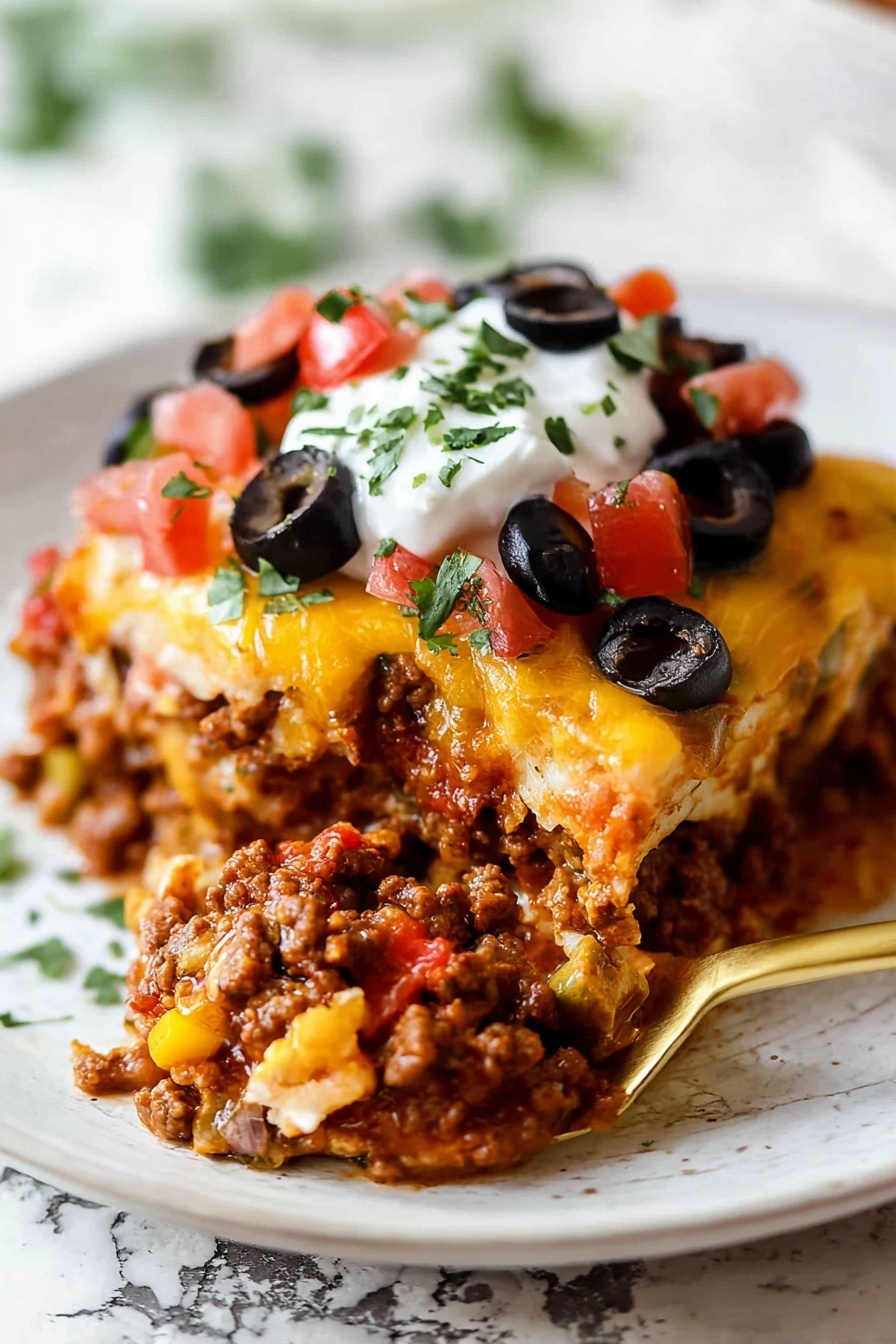 A close-up view of a layered lasagna piece being lifted with a spoon, showing at least four visible layers of wavy pasta sheets in between rich brown meat sauce with small bits of corn and melted orange cheese. The top layer is covered with more melted cheese, garnished with chopped red tomatoes, sliced black olives, and green herbs. The lasagna sits inside a white baking dish with some baked sauce marks on the sides, all set on a white marbled surface. photo taken with an iphone --ar 2:3 --v 7