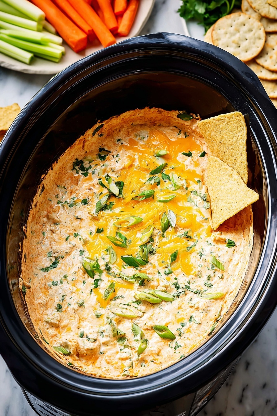 The image shows a close-up view of a creamy dip inside a deep black slow cooker. The dip is thick, orange color with melted cheese layered under and on top, giving it a glossy texture. It is sprinkled with small pieces of fresh green herbs like chopped parsley and sliced green onions, as well as small bits of white cheese. The dip has a few tortilla chips partially dipped or embedded in it, with their light yellow color contrasting the creamy orange dip. The cooker sits on a white marbled surface with some scattered carrot sticks partially visible at the top left. photo taken with an iphone --ar 2:3 --v 7