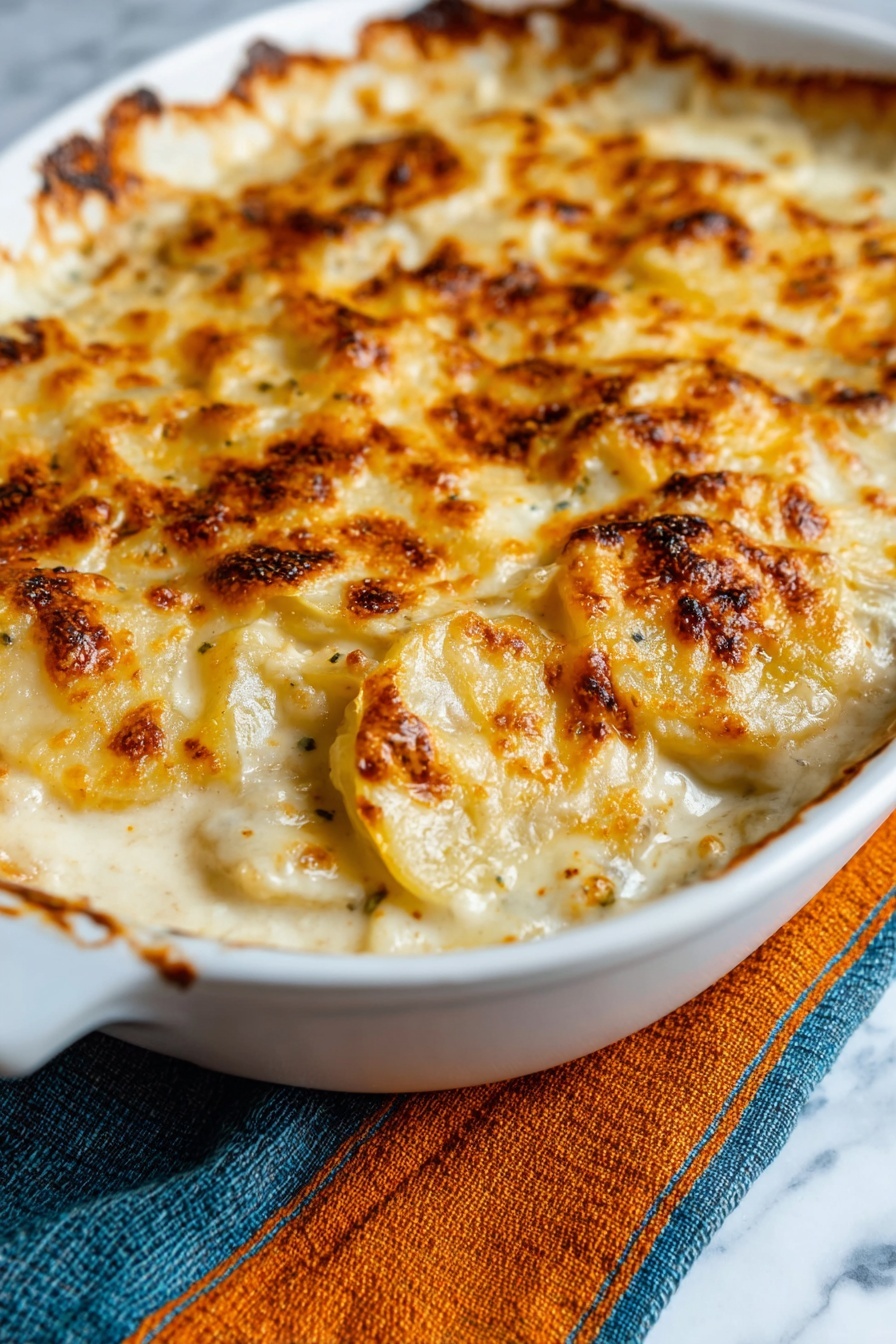 The dish is a creamy potato gratin in a white baking dish with a slightly golden and bubbly top layer of melted cheese that has browned in small spots. The layers beneath show thinly sliced potatoes in a creamy sauce, arranged closely in several even layers, with a soft and smooth texture visible where a portion is missing in the front corner. The top cheese layer has a light tan and golden color with some herbs sprinkled lightly, and the edges of the potatoes appear tender and slightly browned. The dish rests on a white marbled surface with a blue and white striped cloth nearby and an orange cloth in the background. Photo taken with an iphone --ar 2:3 --v 7