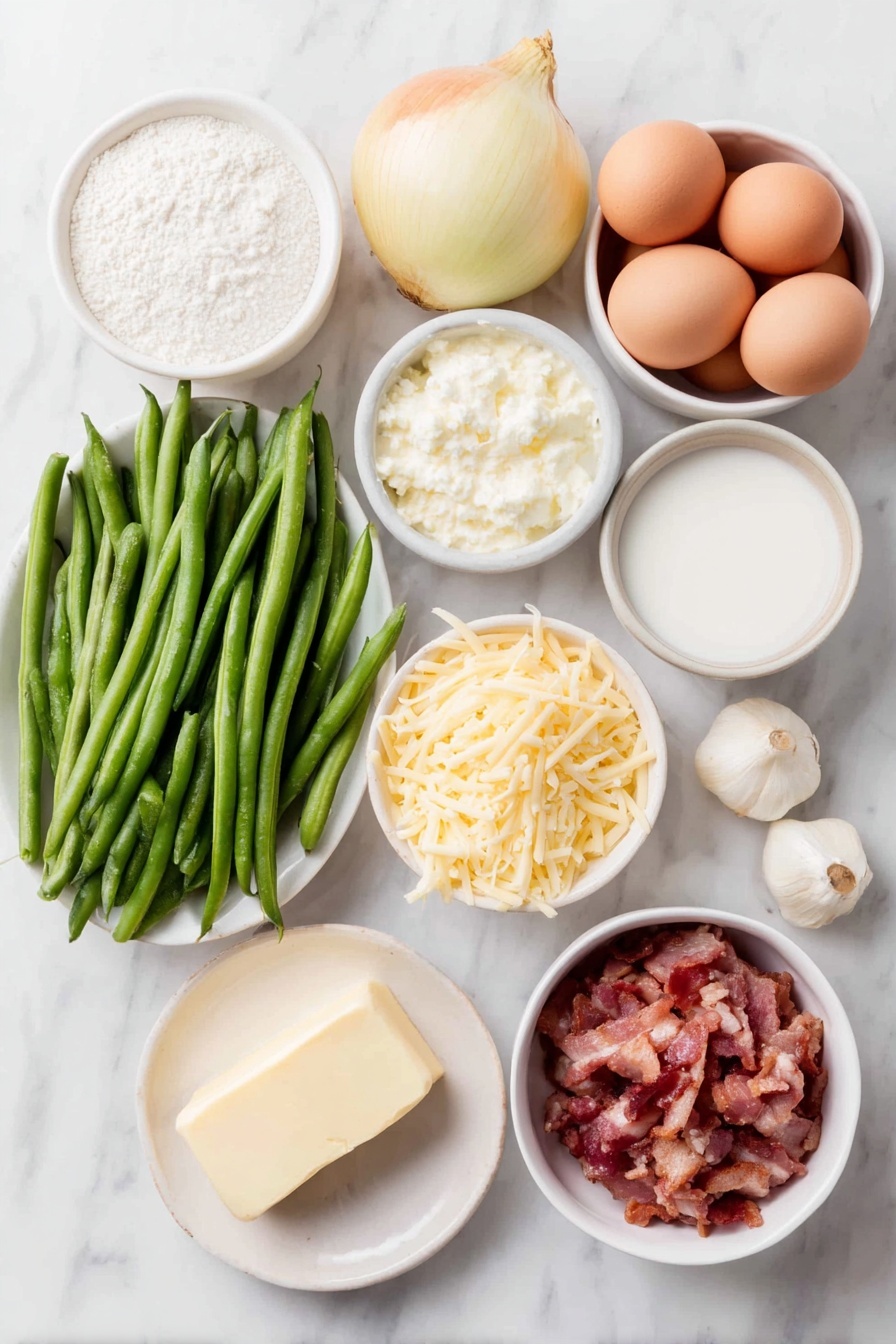 Flat lay of fresh green beans with bright green pods, crispy chopped bacon pieces with a reddish-brown hue, a small pat of unsalted butter on a white ceramic plate, a whole large yellow onion with its papery skin, two peeled garlic cloves, a small white bowl of fine all-purpose flour, a small white bowl filled with creamy whole milk, a small white bowl of thick heavy cream, a heap of finely grated sharp cheddar cheese with a bright orange tint, a heap of grated Monterey Jack cheese in creamy white, a small pile of finely grated Parmesan cheese, a small white bowl holding golden French fried onions, and whole uncracked eggs with clean brown shells, all arranged in perfect symmetry on a simple white ceramic surface placed on a clean white marble surface, soft natural light, photo taken with an iPhone, professional food photography style, fresh ingredients, white ceramic bowls, no bottles, no duplicates, no utensils, no packaging --ar 2:3 --v 7 --p m7354615311229779997