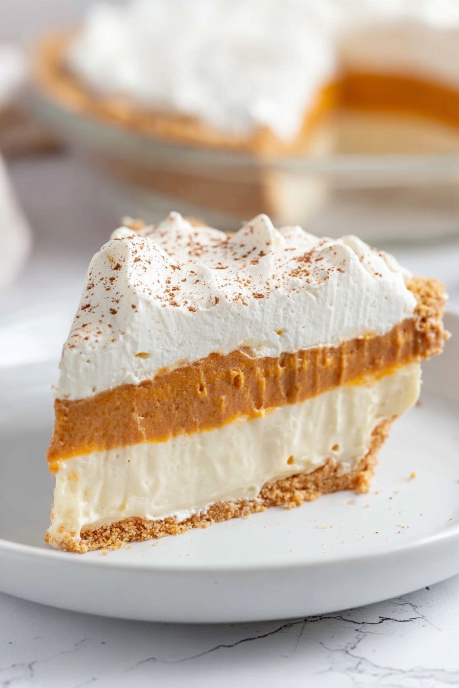 The image shows a close-up of a slice of pie with three visible layers on a white marbled surface. The bottom layer is a light tan crust that looks firm and crumbly. Above the crust is a thick, smooth, creamy off-white layer. On top of this is a medium brown layer that looks soft and dense. The top layer is a thick, fluffy white cream with a light dusting of brown powder on it. A fork is holding a bite-sized piece of the pie near the top center of the image, showing all three layers clearly. In the background, there are blurred white bowls and plates on the same white marbled surface. photo taken with an iphone --ar 2:3 --v 7